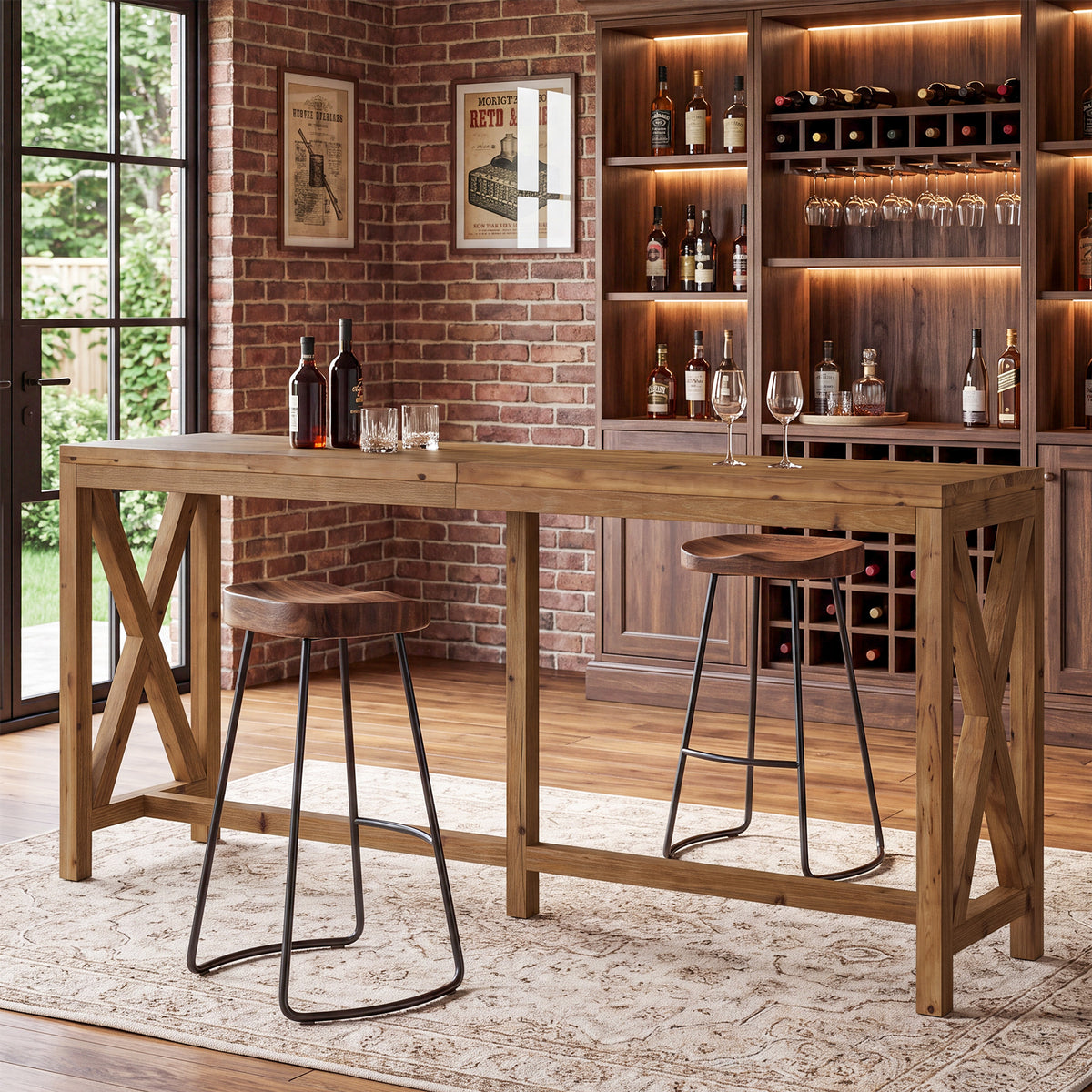 78.74" Solid Wood Bar Table, Counter Height Pub Table with X-Shaped Frame & Footrest for 6-8