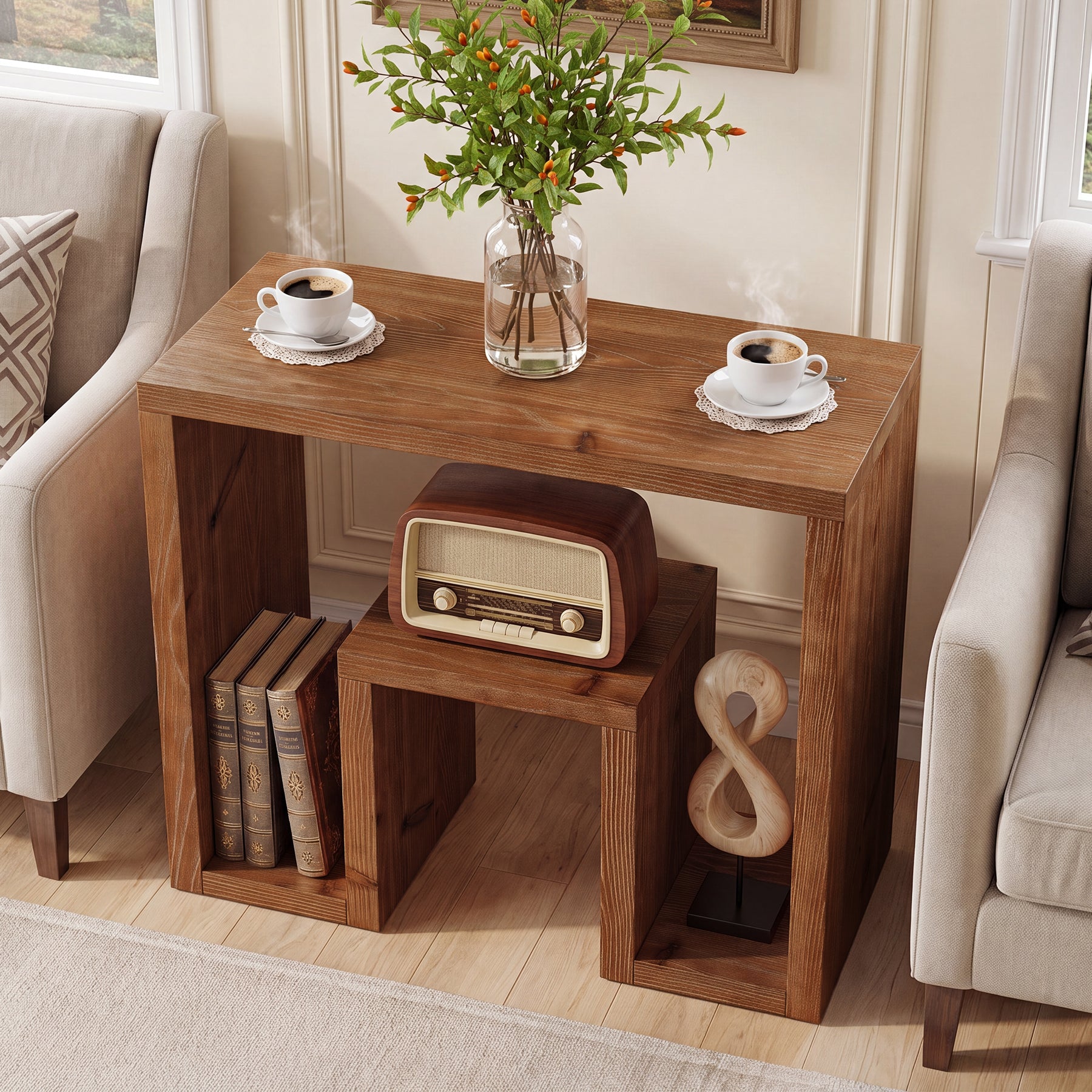 Solid Fir Wood End Table, U-Shaped Farmhouse Side Table Accent Table for Living Room