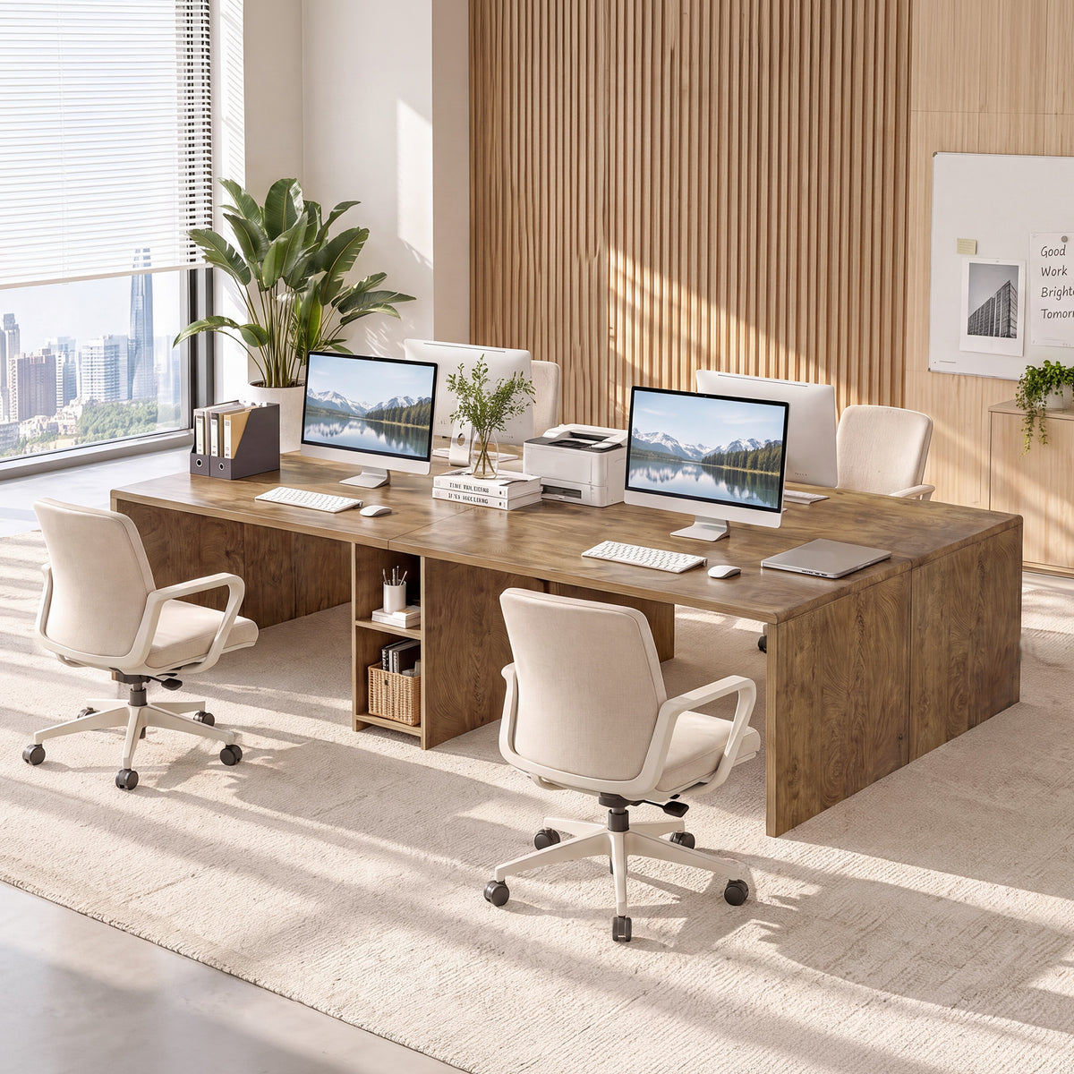 79" Double Desk for 2, Long Two Person Computer Desk with Shelves, Home Office