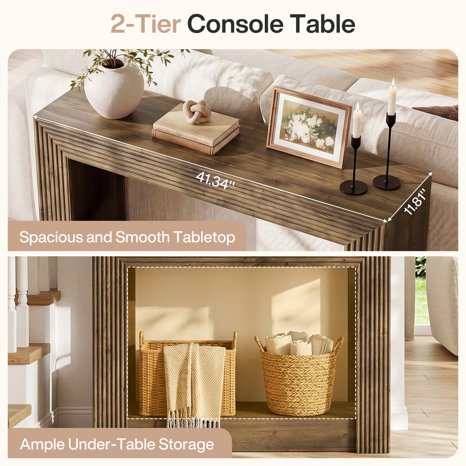 41" Farmhouse Console Table with Storage, Narrow 2-Tier Sofa Table for Entryway or Behind Couch