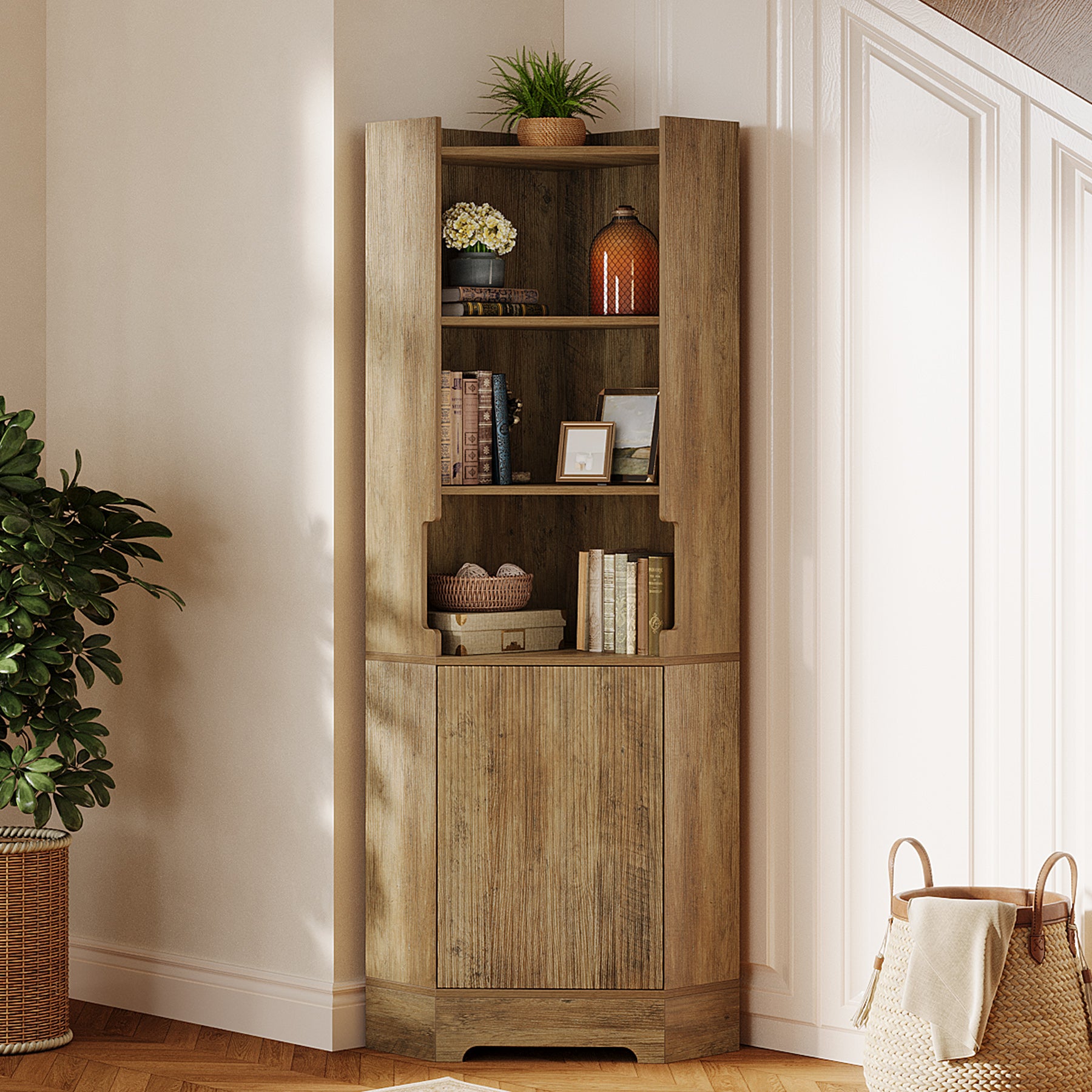 69" Corner Bookcase, Farmhouse Book Shelf with Cabinet