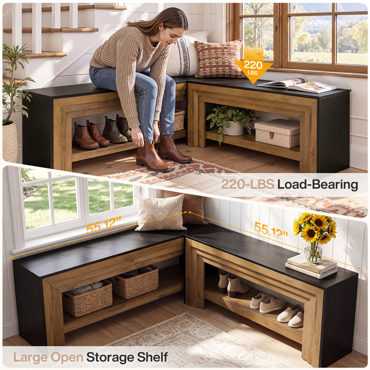 55" L-Shaped Corner Shoe Storage Bench, 2-Tier Entryway Bench with Open Shelves