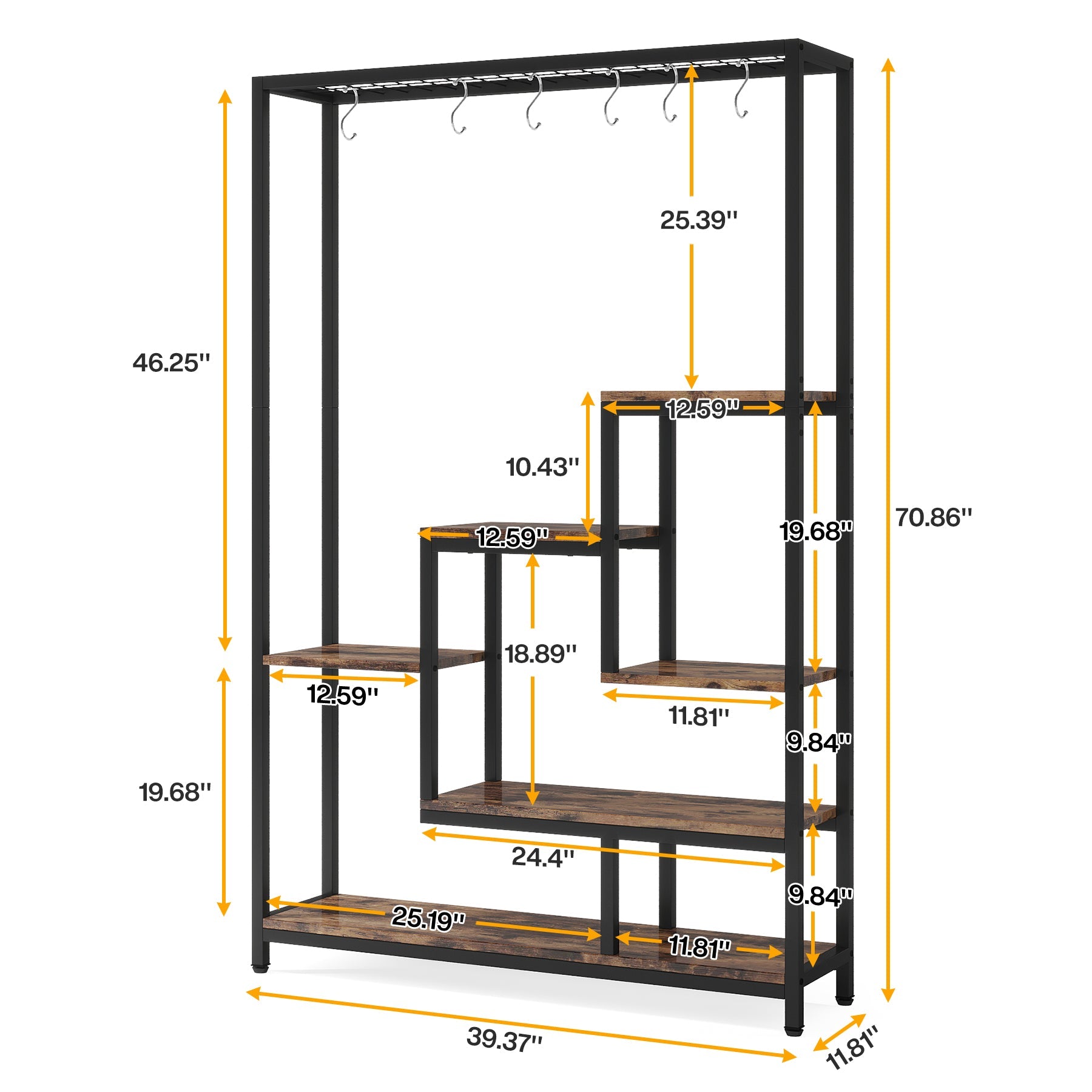 70.9'' Plant Stand For Large Plants, Bonsai Shelf with 6 S Hooks