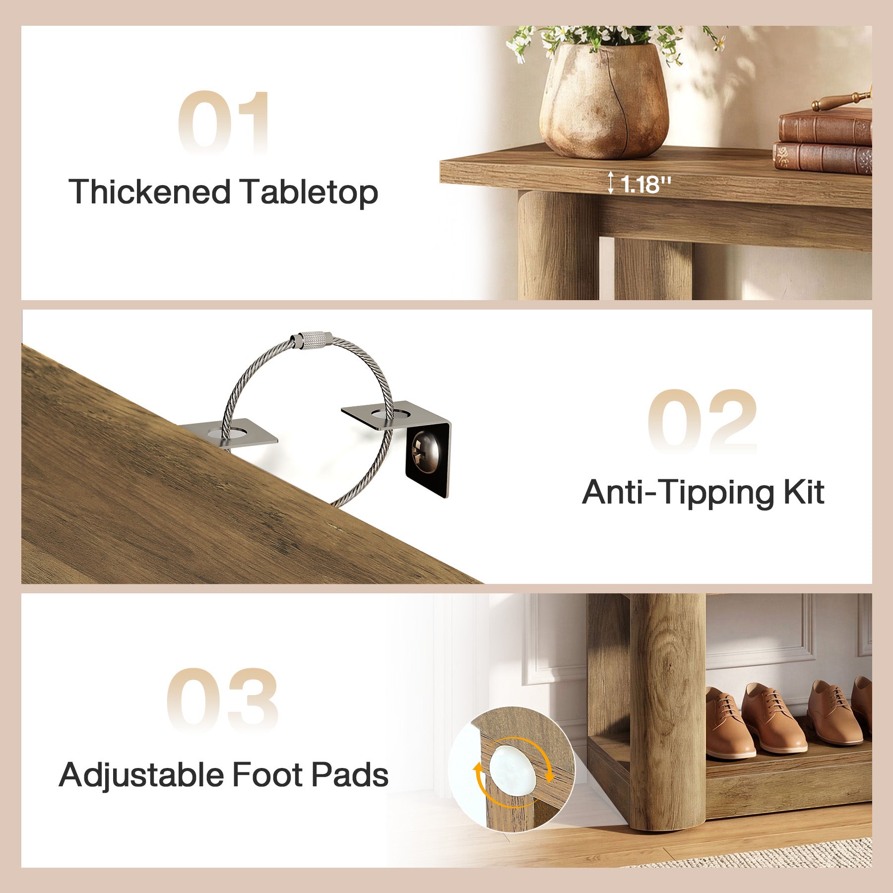 47" Narrow Console Table with Shelves, 3-Tier Entryway Sofa Table with Thick Frame for Hallway & Living Room