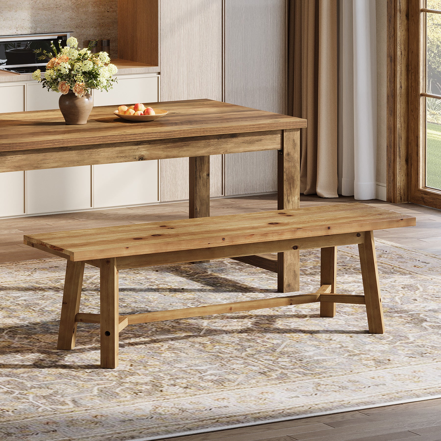 Solid Wood Dining Bench, 55.12" Kitchen Bench with Strengthened Legs