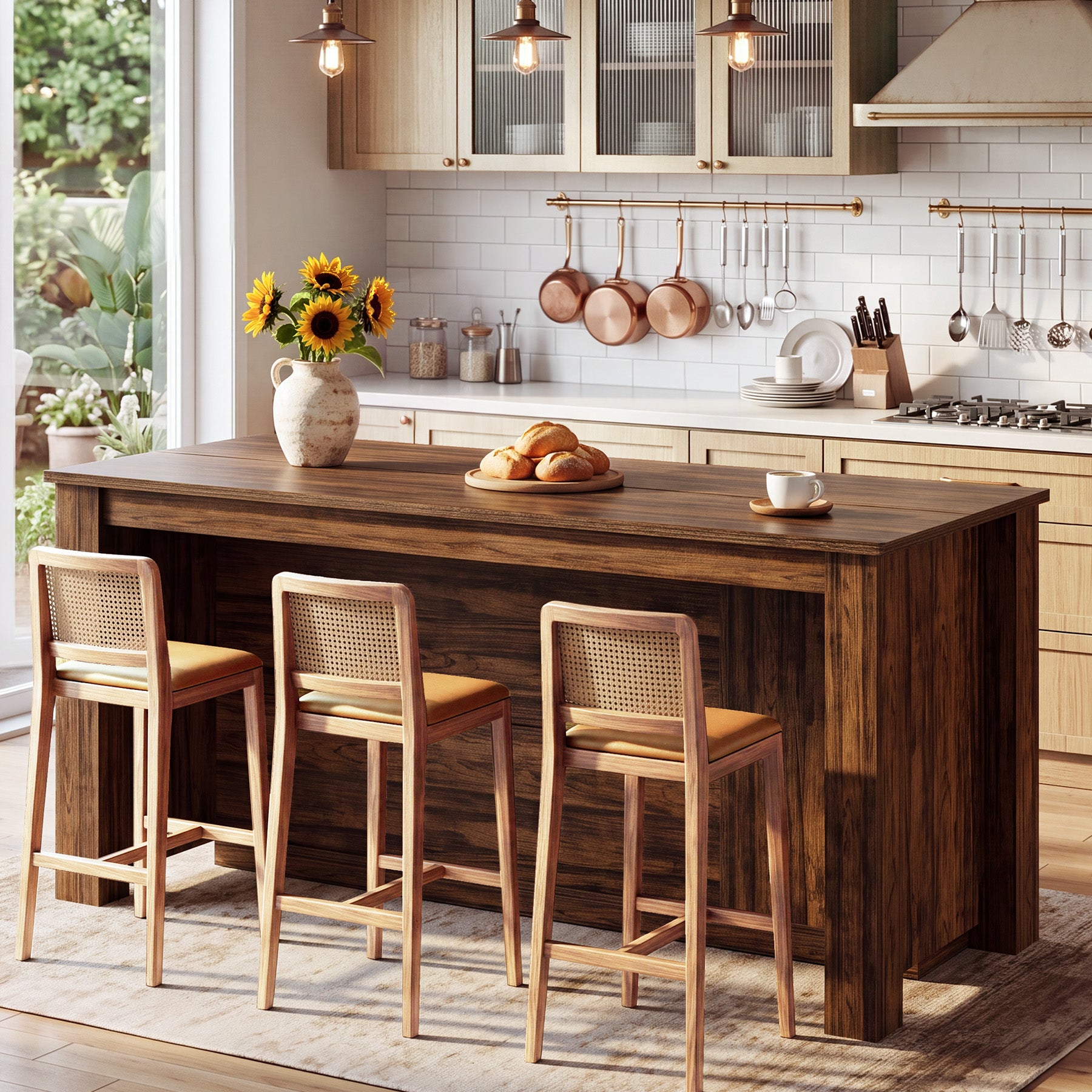 70.87" Kitchen Island with 3 Drawers, Cabinet and Open Shelves