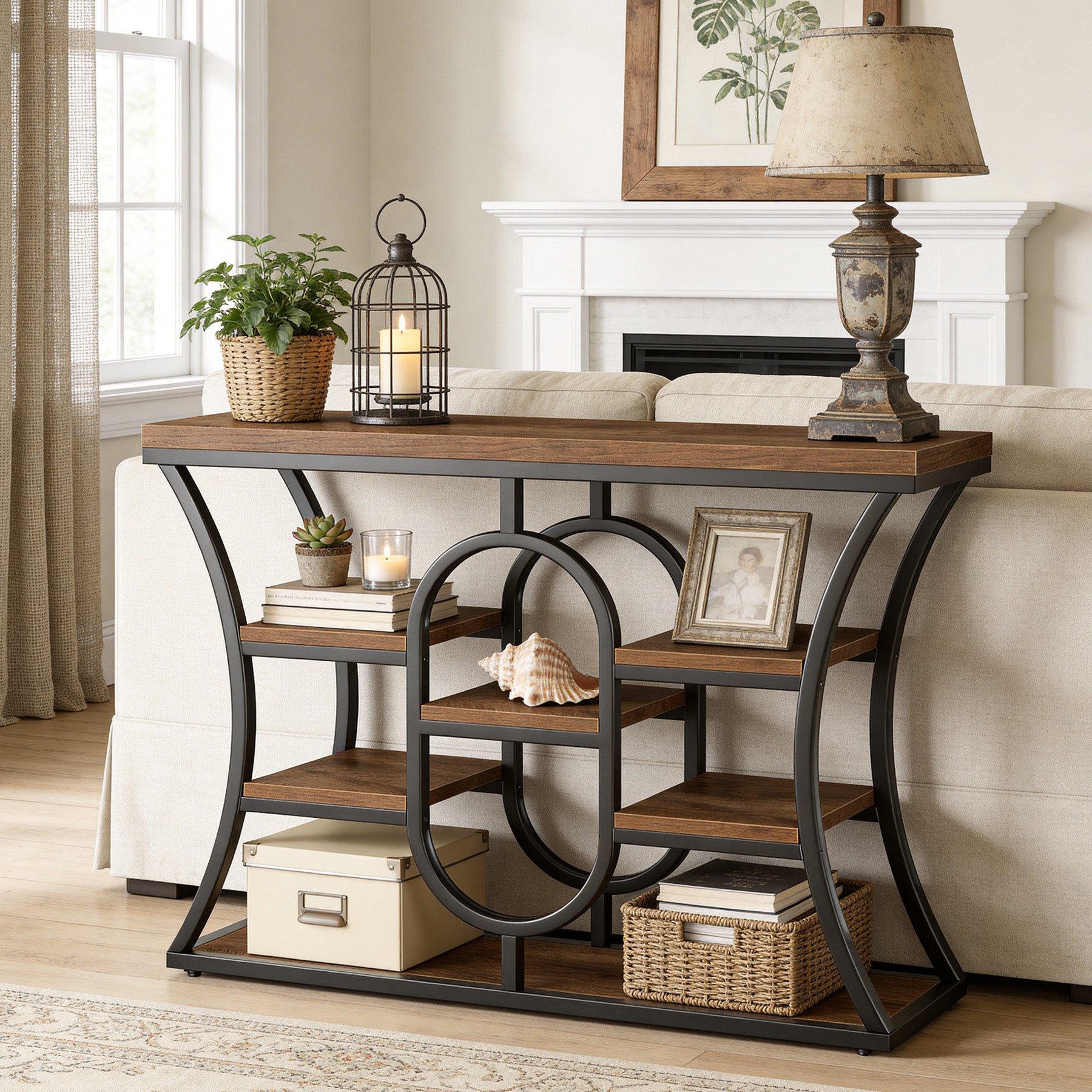 41.3" Industrial Console Table with 5-Tier Shelves, Narrow Entryway Sofa Table for Small Spaces