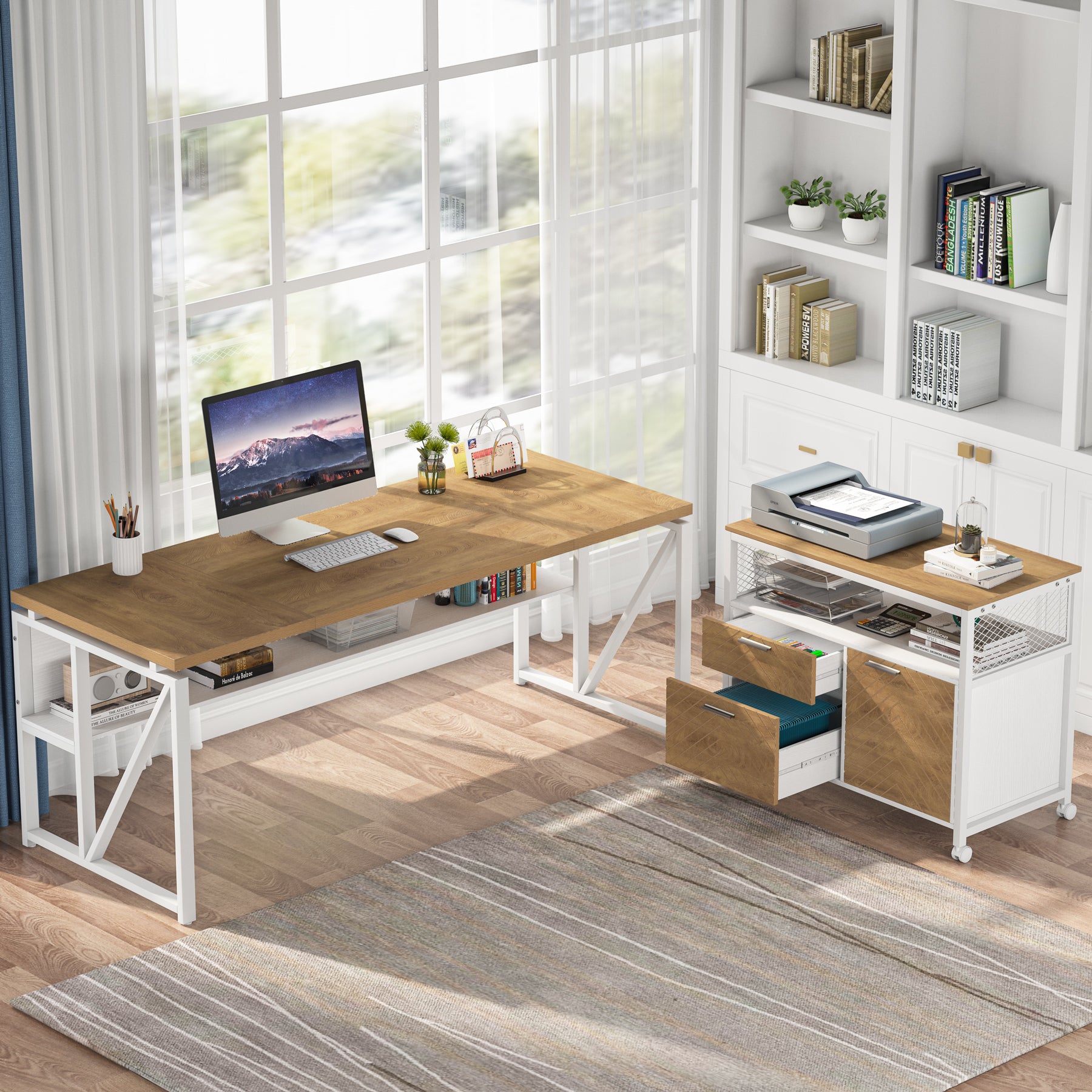 55" / 63" L-Shaped Executive Desk with Storage Shelves and Mobile File Cabinet(2 Drawers and 1 Storage Compartment)