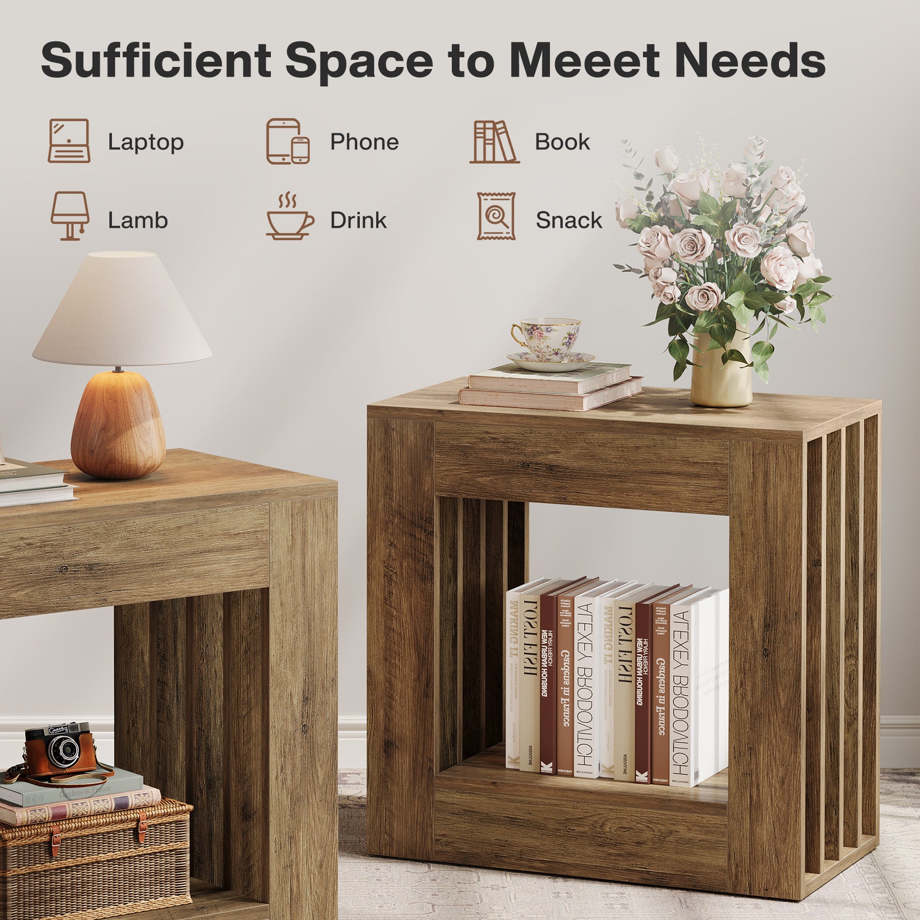 23.62" Farmhouse Narrow End Table, Rustic Square Nightstand with Storage Shelf