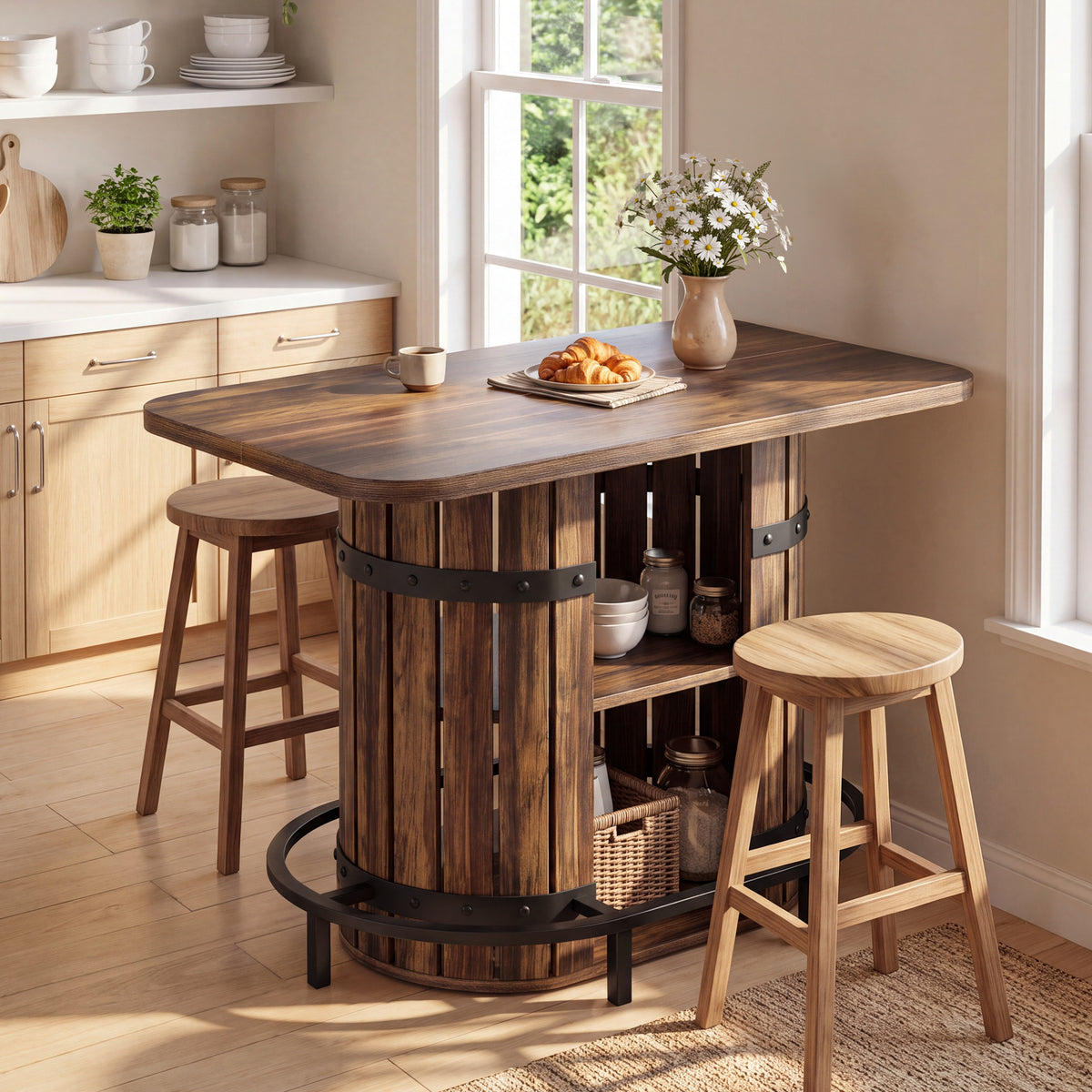 47.24" Bar Table, Farmhouse Counter Height Table with Storage & Metal Footrest