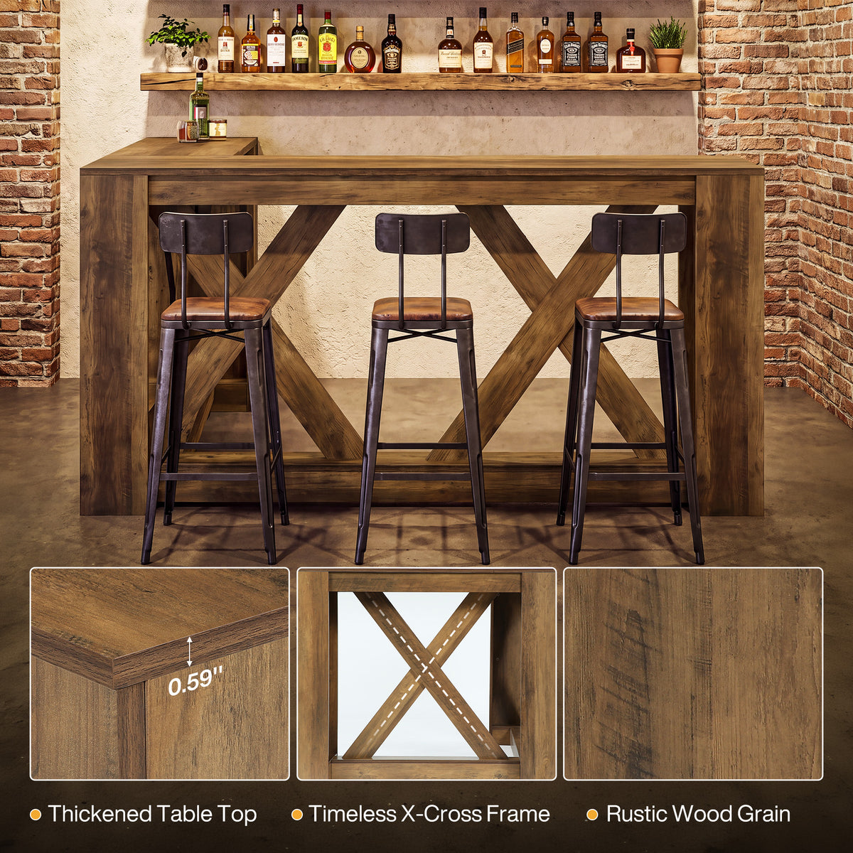 63" L-Shaped Bar Table, X-Cross Frame, Farmhouse Corner Pub Table