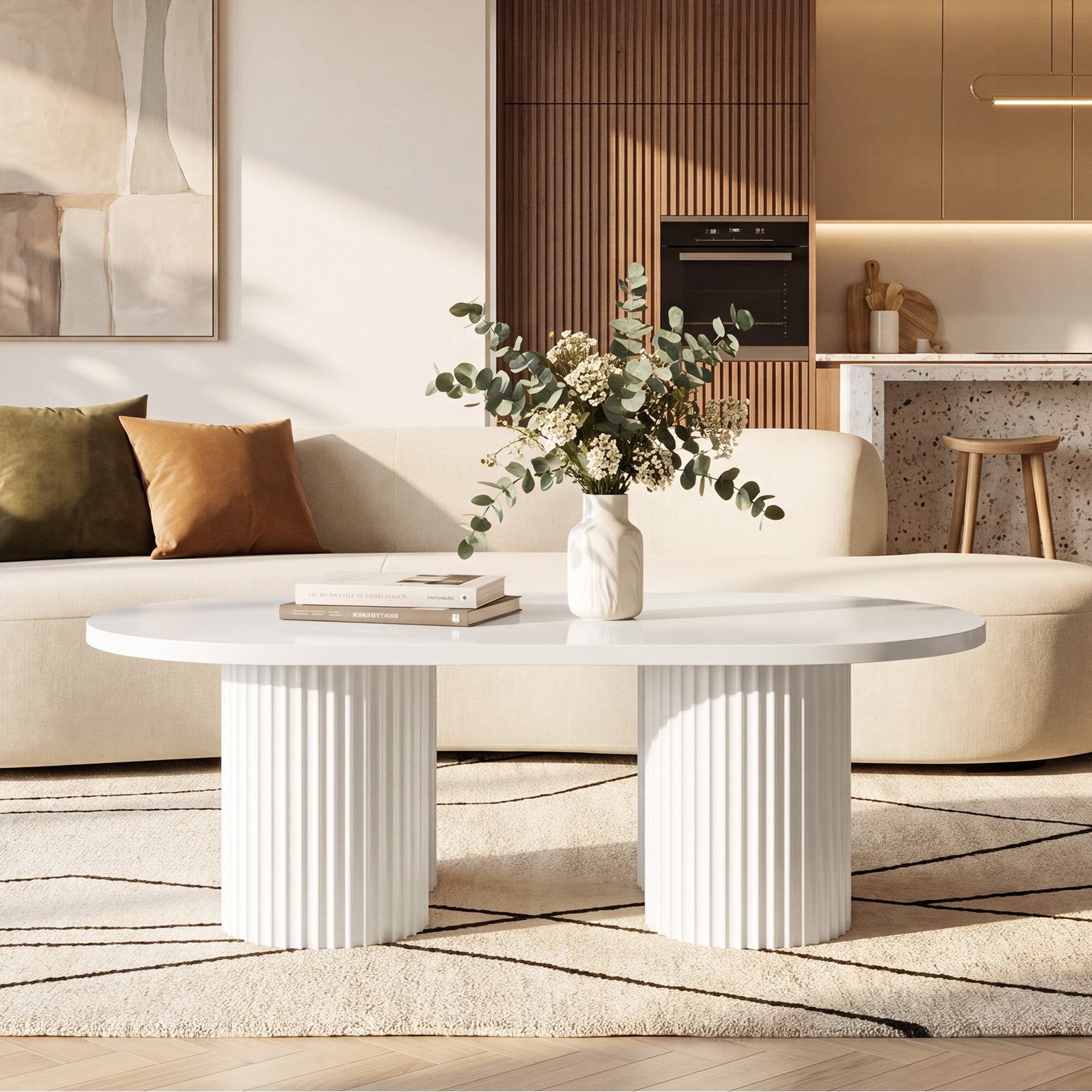 47" Oval Coffee Table with Fluted Base, Modern White Center Table for Living Room, Bedroom & Office
