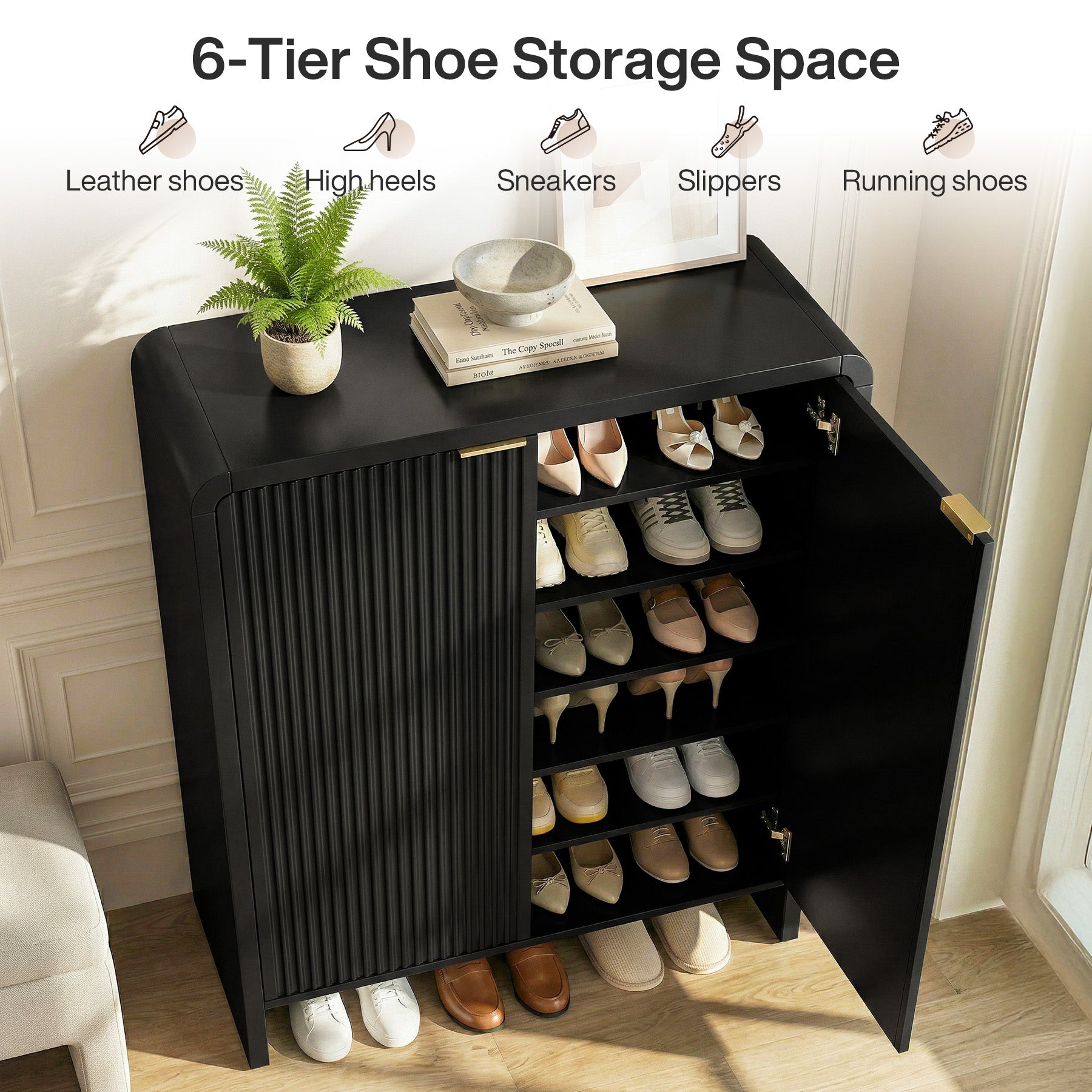 43.31-Inch Black Shoe Storage Cabinet with Doors, 6-Tier Fluted Entryway Organizer
