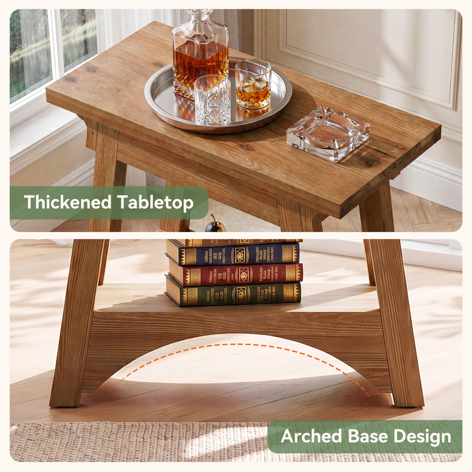24.4" Solid Wood End Table, Narrow Farmhouse Nightstand for Small Spaces