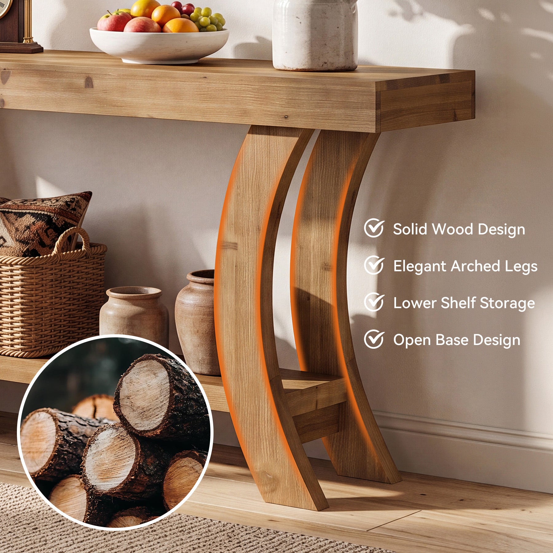 63" Solid Wood Console Table, Farmhouse Sofa Table with Storage Shelf & Arch Frame