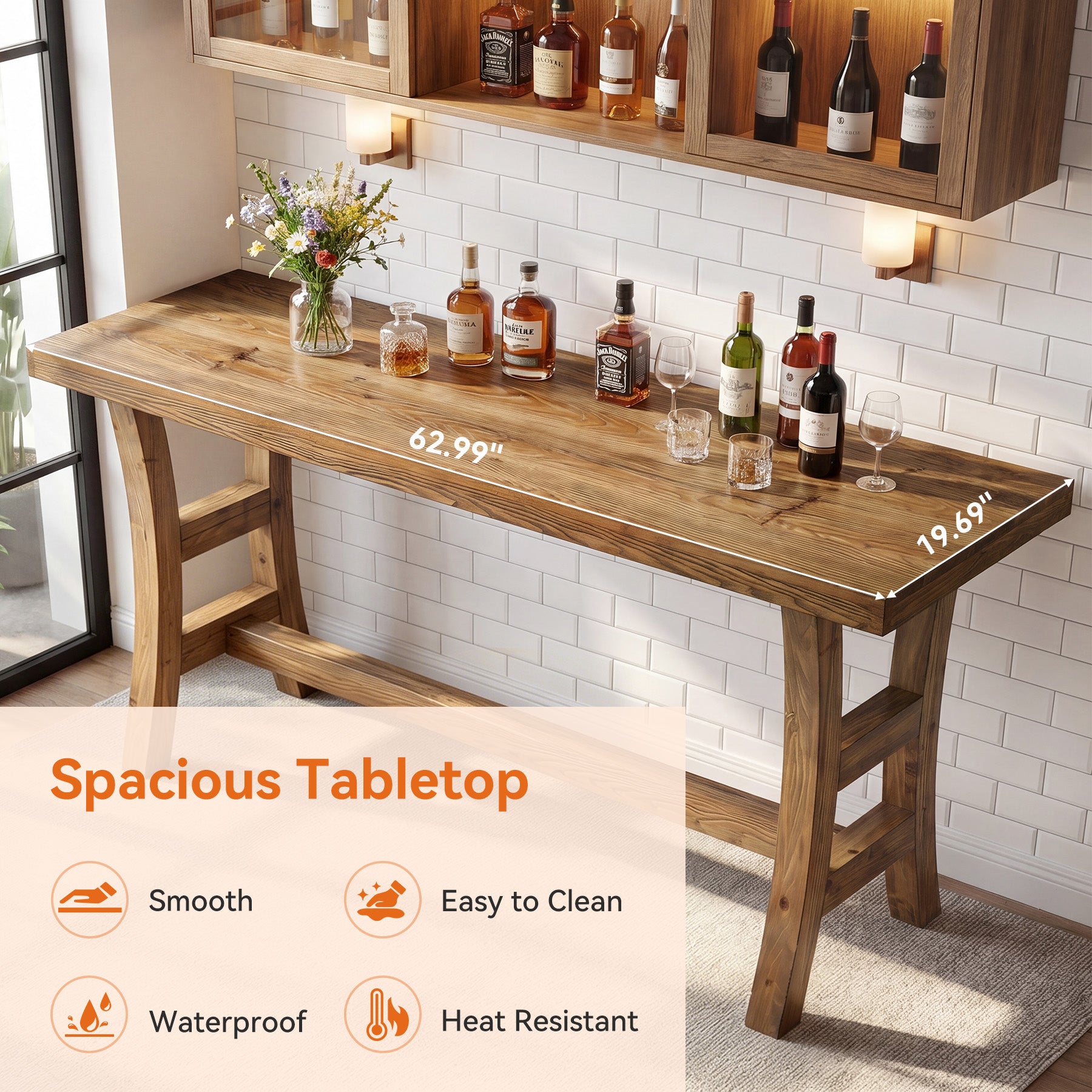 Tribesigns 63-Inch Bar Table, Solid Wood Counter Height Pub Table for Kitchen Dining Bistro (Without Chair)