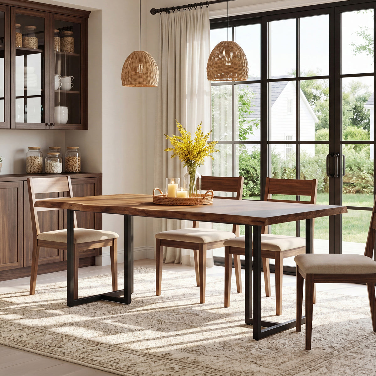 63" Solid Wood Dining Table, Rectangular Kitchen Table with Live-Edge Inspired Top for 4–6