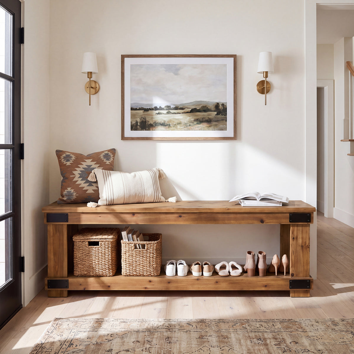 63" Solid Wood Entryway Bench, 2-Tier Shoe Storage, Industrial Hallway Bench