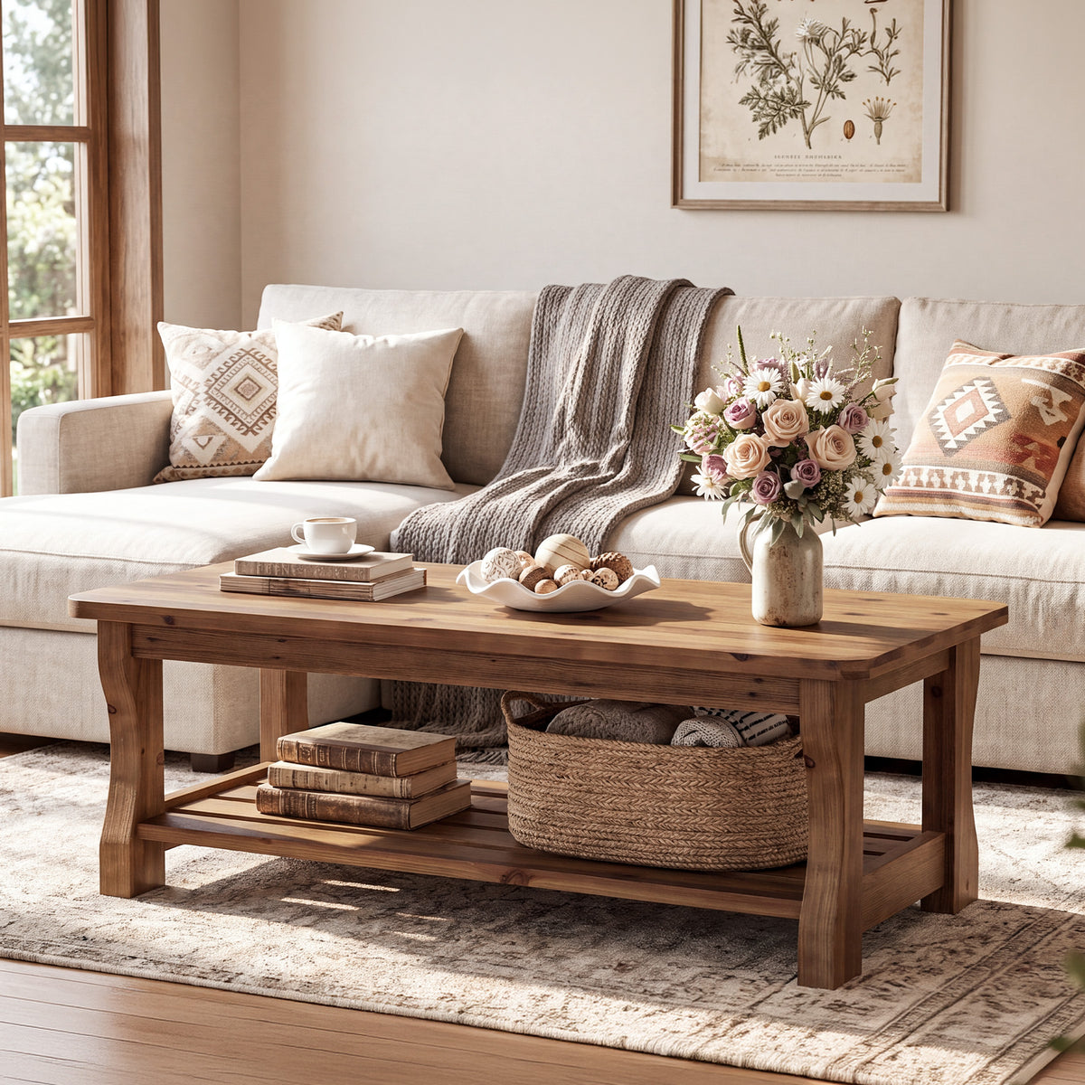 47" Modern Solid Wood Coffee Table, Rectangle 2-Tier Storage Shelf, Center Table, Living Room