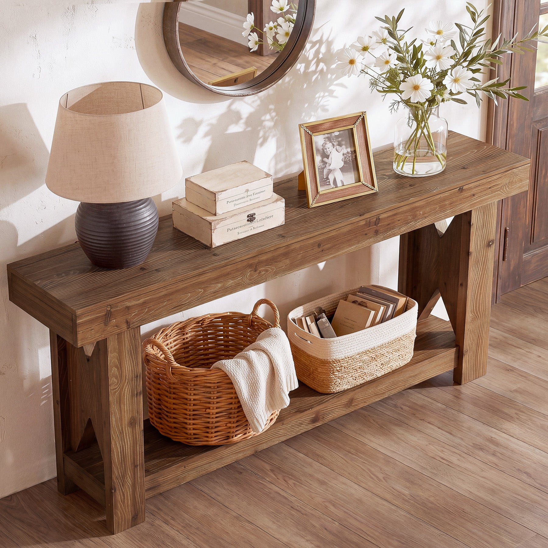 63" Solid Wood Console Table, 2-Tier Entryway Sofa Table with X-Shaped Support Frame