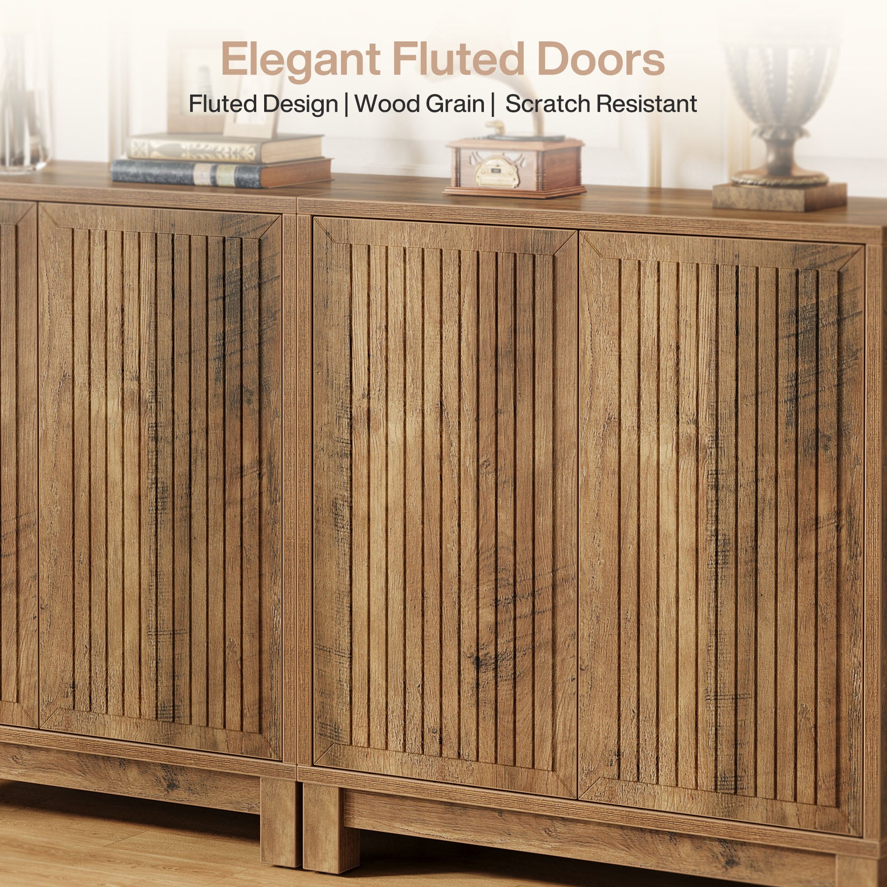 Fluted Sideboard Buffet Cabinet with Adjustable Shelves & 4 Push-Spring Doors
