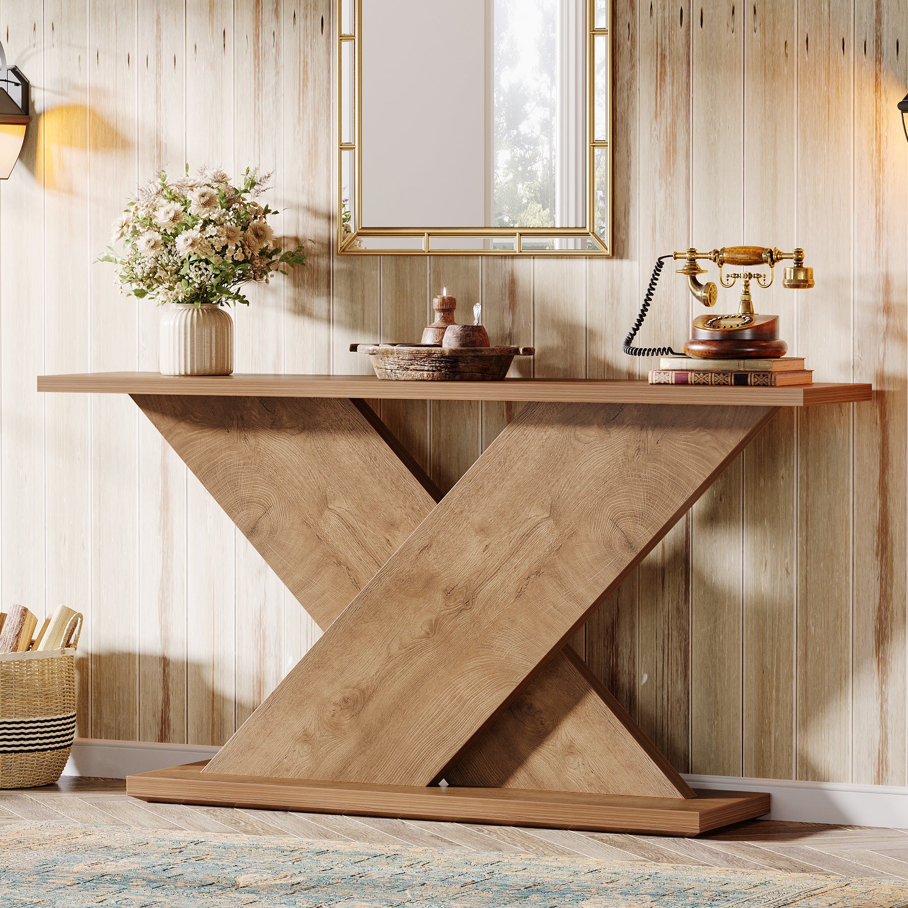 63" Console Table, Farmhouse Entryway Sofa Table with X-Shaped Base