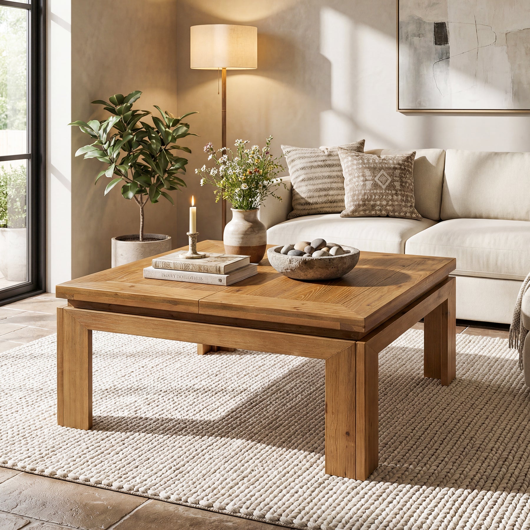 Tribesigns 39.4-Inch Square Coffee Table, Solid Wood Living Room Table