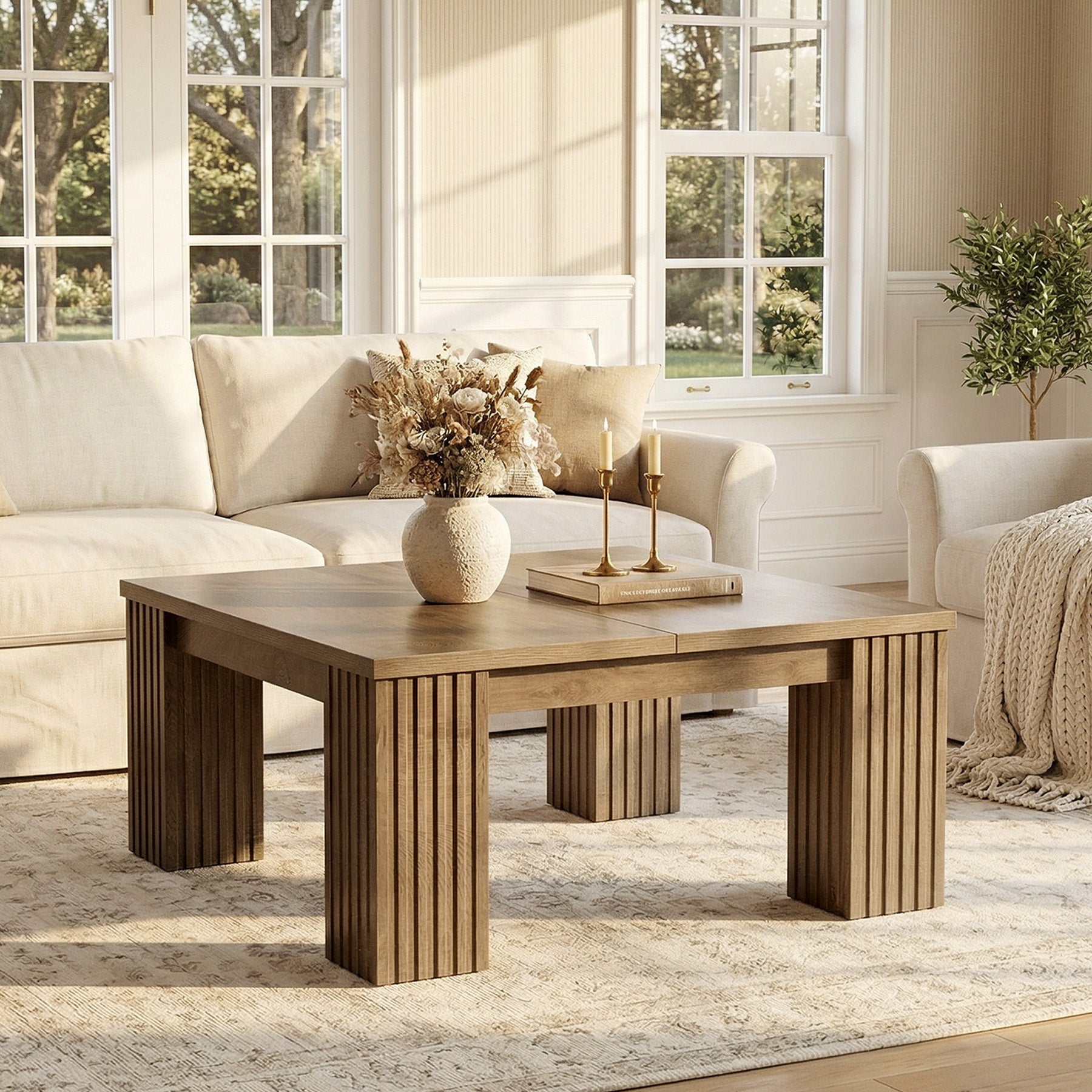 39" Square Coffee Table, Farmhouse Center Table with Fluted Legs