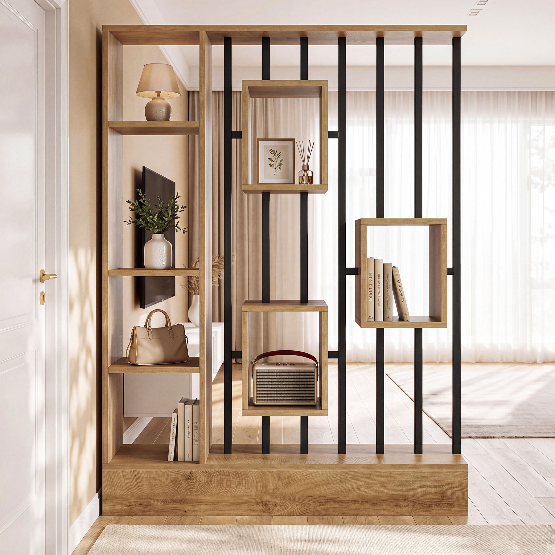 71" Room Divider with Shelves & Coat Hooks, Freestanding Wall Partition, Bedroom Living Room
