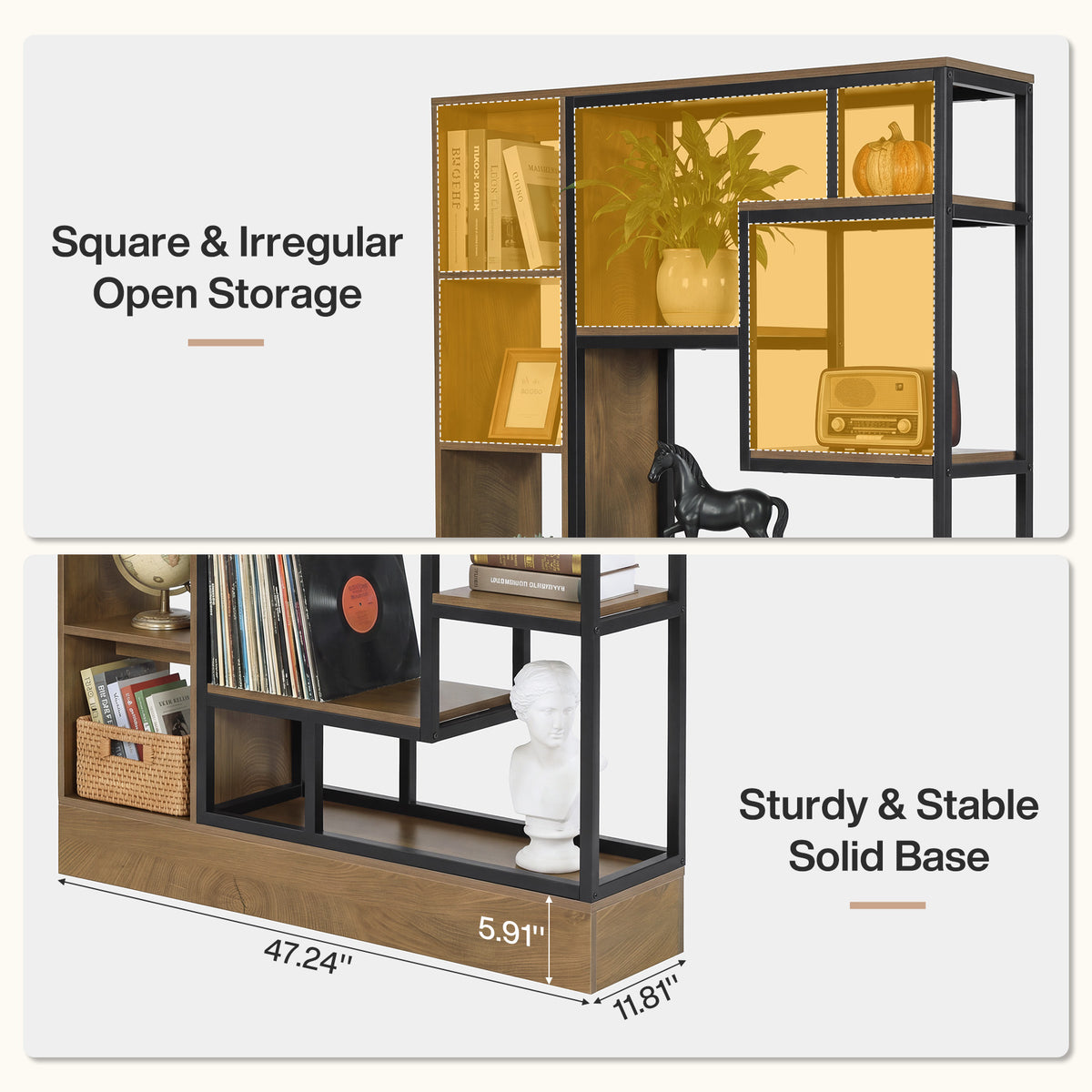 70.9" Bookcase, Industrial Bookshelf Display Rack with Open Shelves & Metal Frame