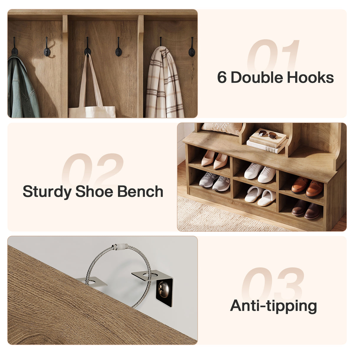 3-in-1 Hall Tree with Shoe Bench and Storage, 70.9" Entryway Coat Rack with 6 Double Hooks