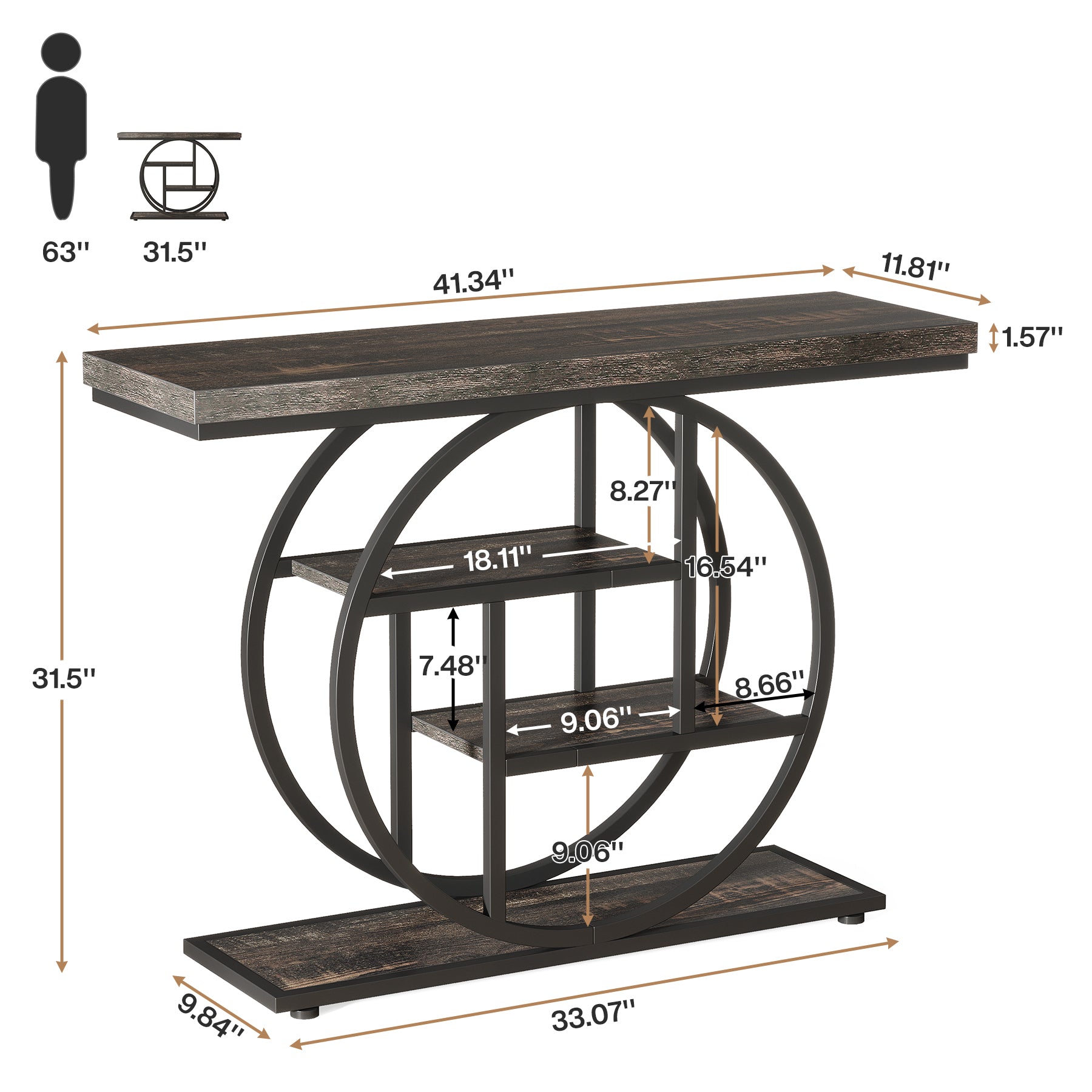 41.3" Console Table, Industrial 4-Tier Sofa Table Entryway Table with Circle Base