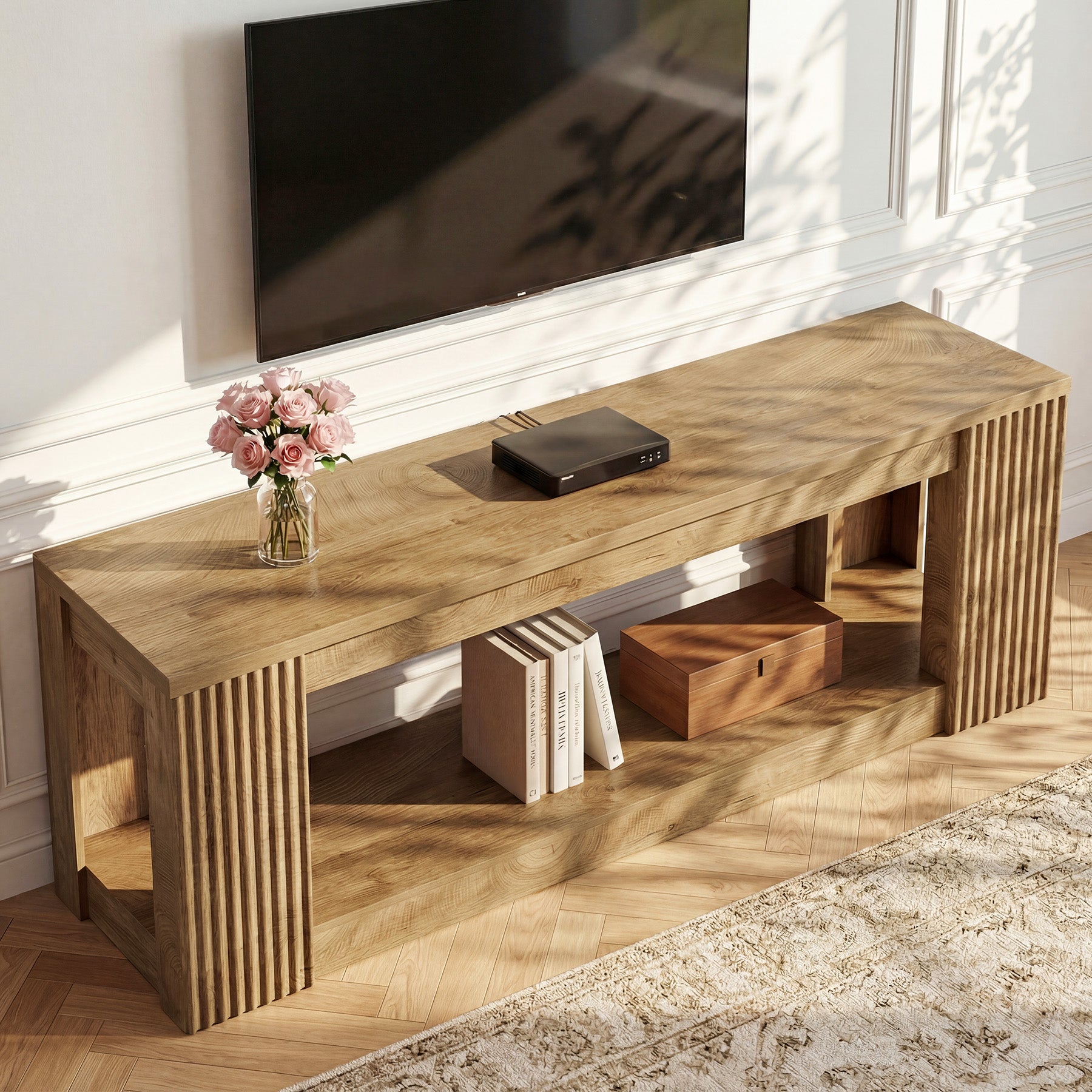 63" TV Stand, Entertainment Center with Open Storage Shelves for TVs Up to 75"