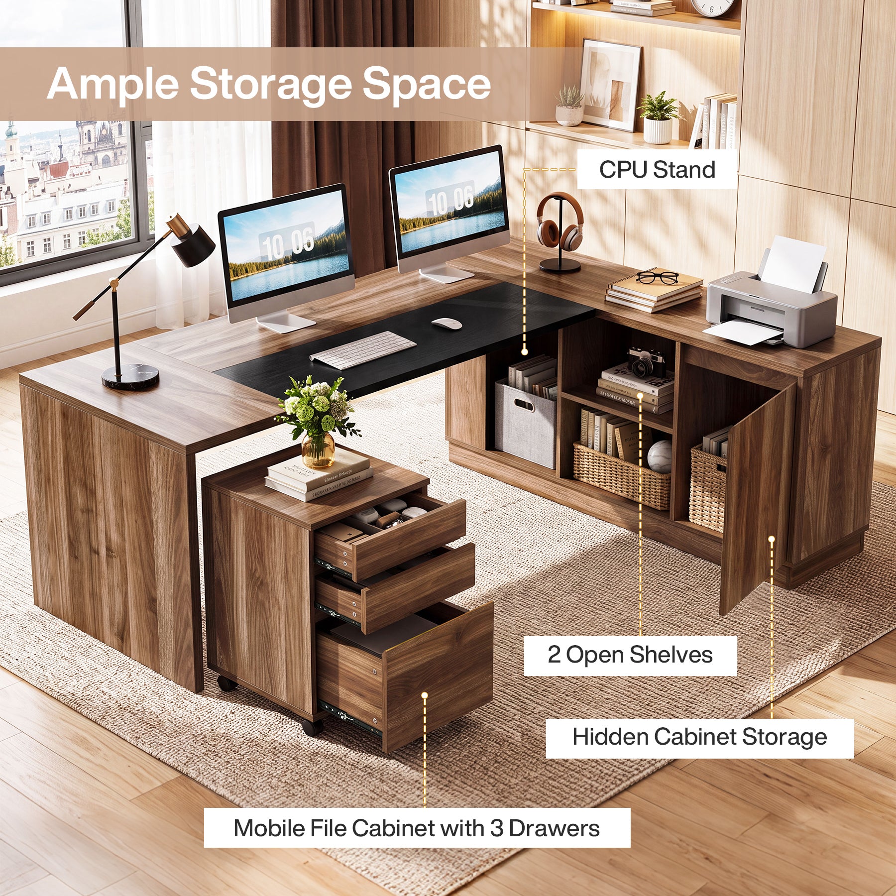 78.7" L-Shaped Executive Desk, Large Office Desk with Mobile Filing Cabinet