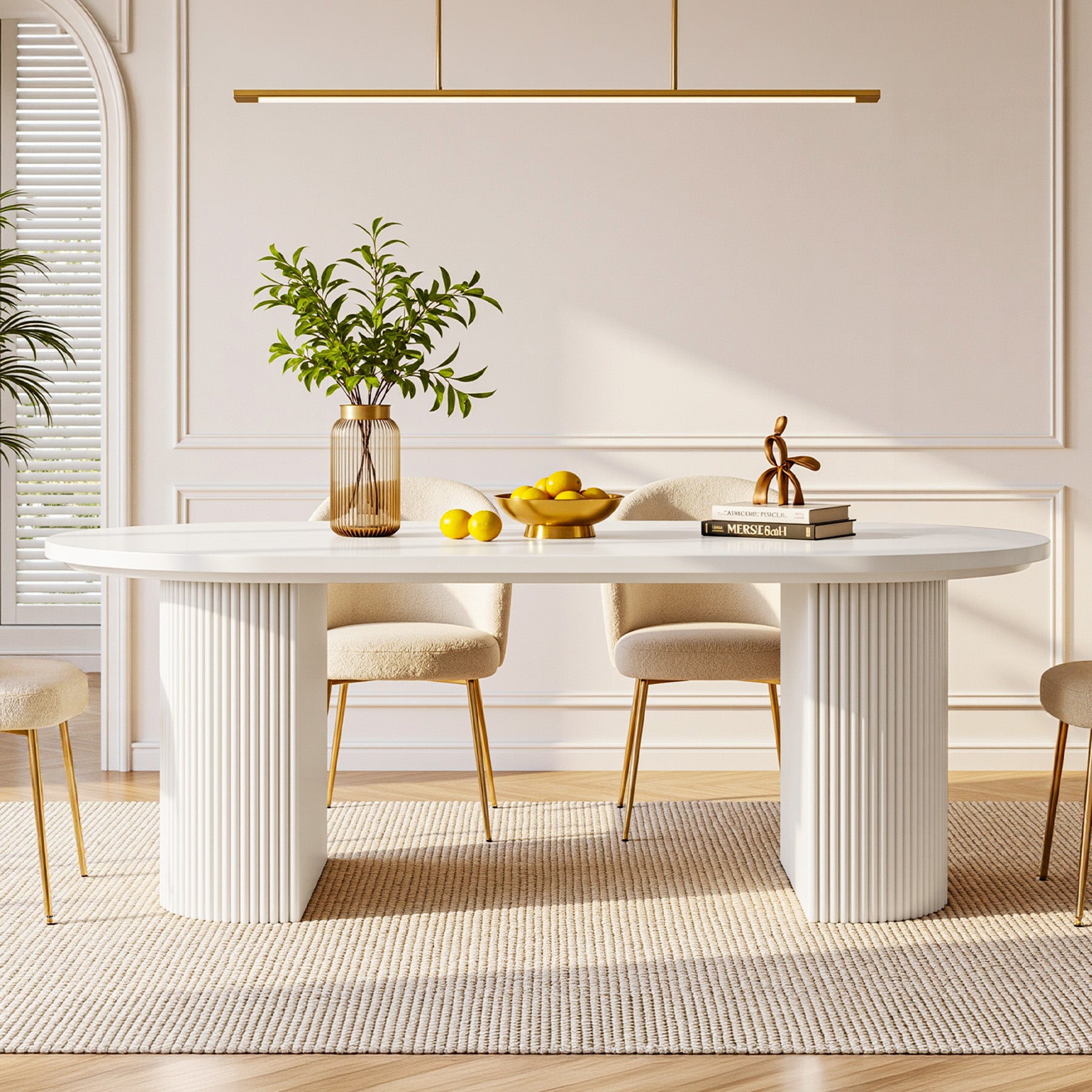 63" Oval Dining Table For 4-6, Modern Kitchen Table With Fluted Wooden Base