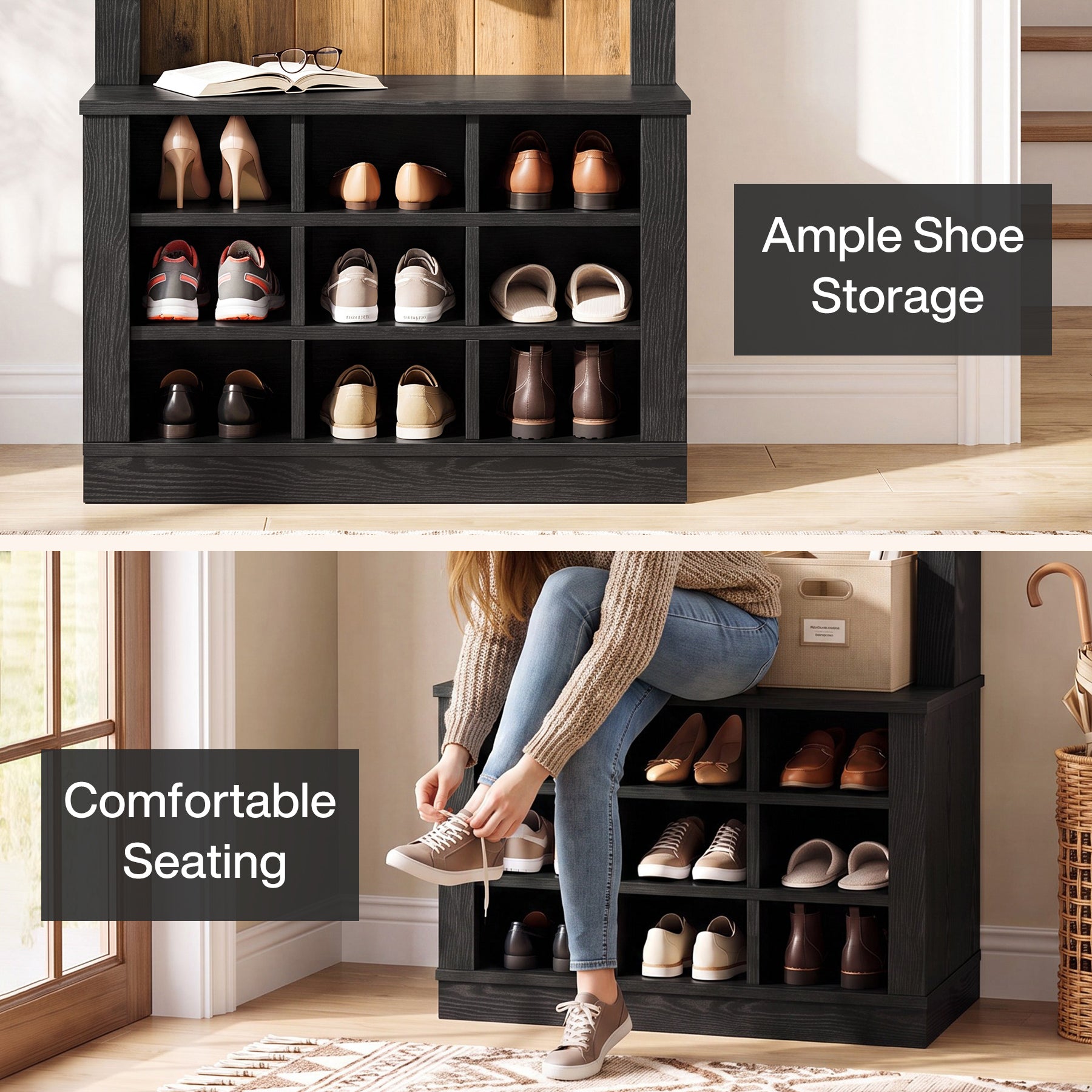 70.8" Tall Hall Tree, 4-in-1 Entryway Tree with Bench and Shoe Storage