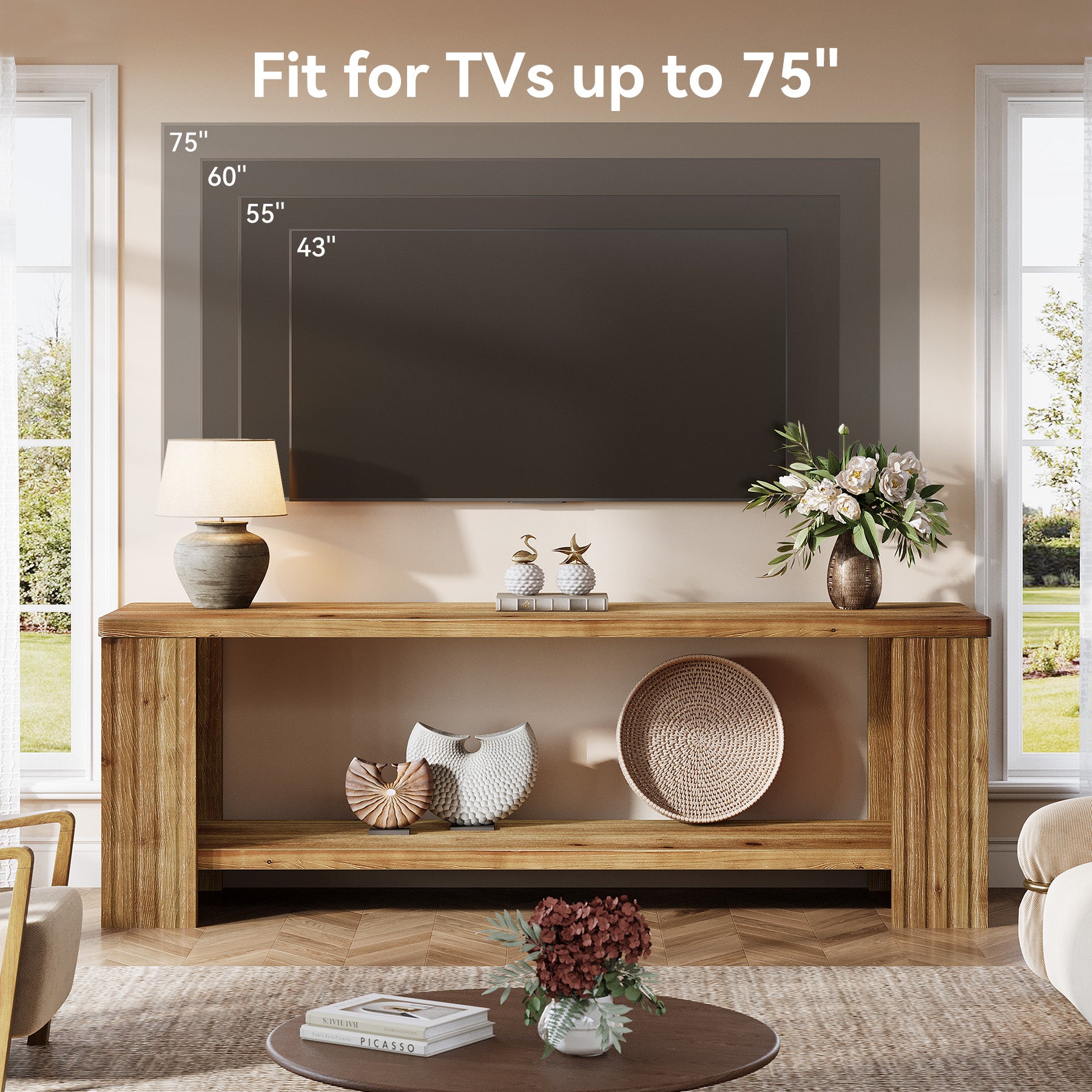 Solid Wood TV Stand, 63" Entertainment Center with 2-Tier Storage Shelf
