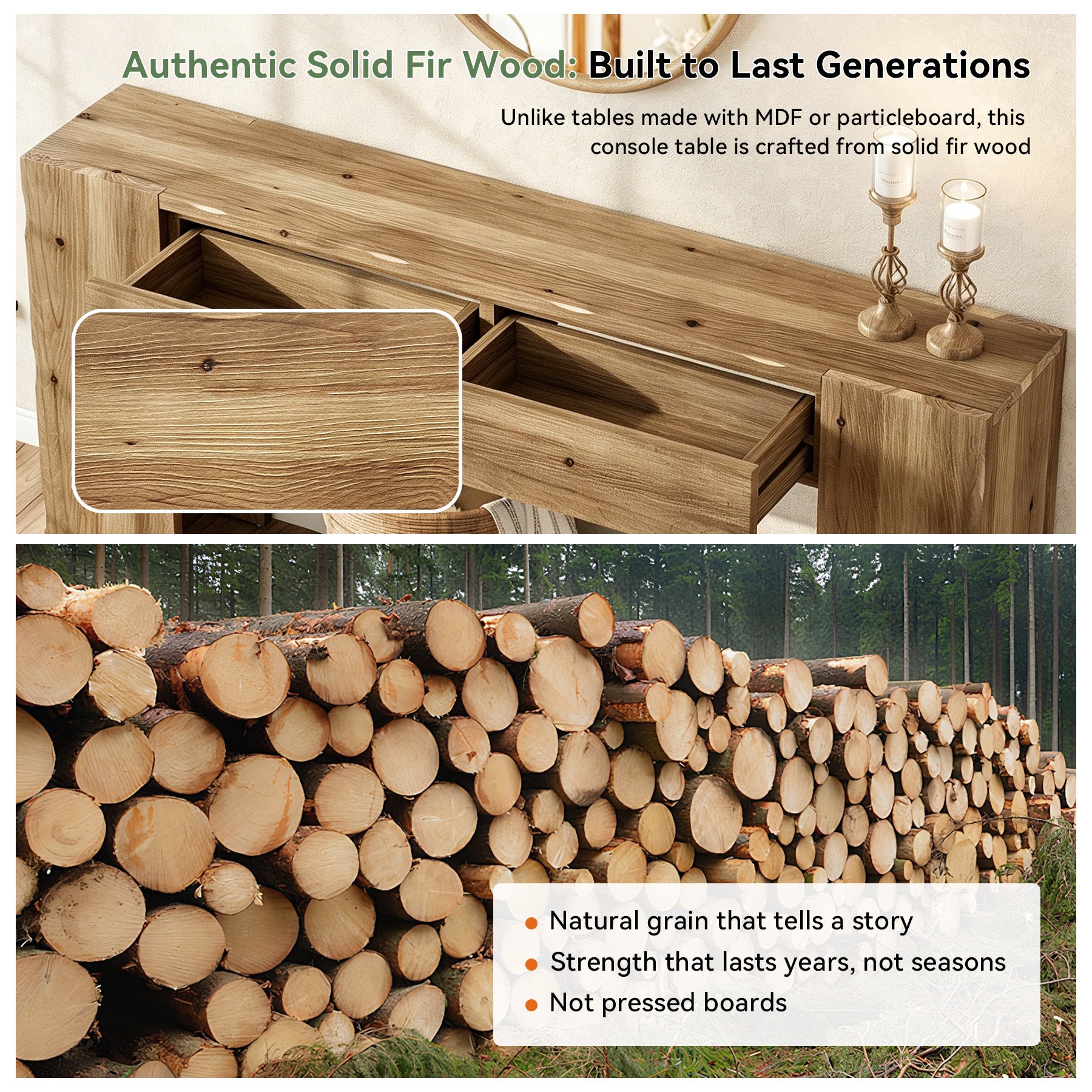 63" Solid Wood Console Table with Drawers, Narrow Entryway Sofa Table for Hallway & Living Room