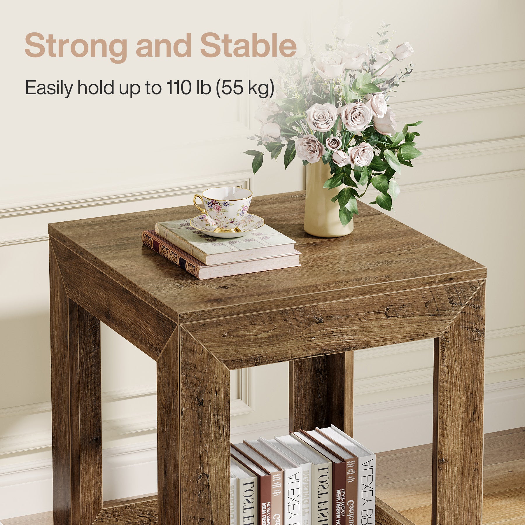 Square End Table, 9.7" Side Table Nightstand with 2-Tier Storage Shelf
