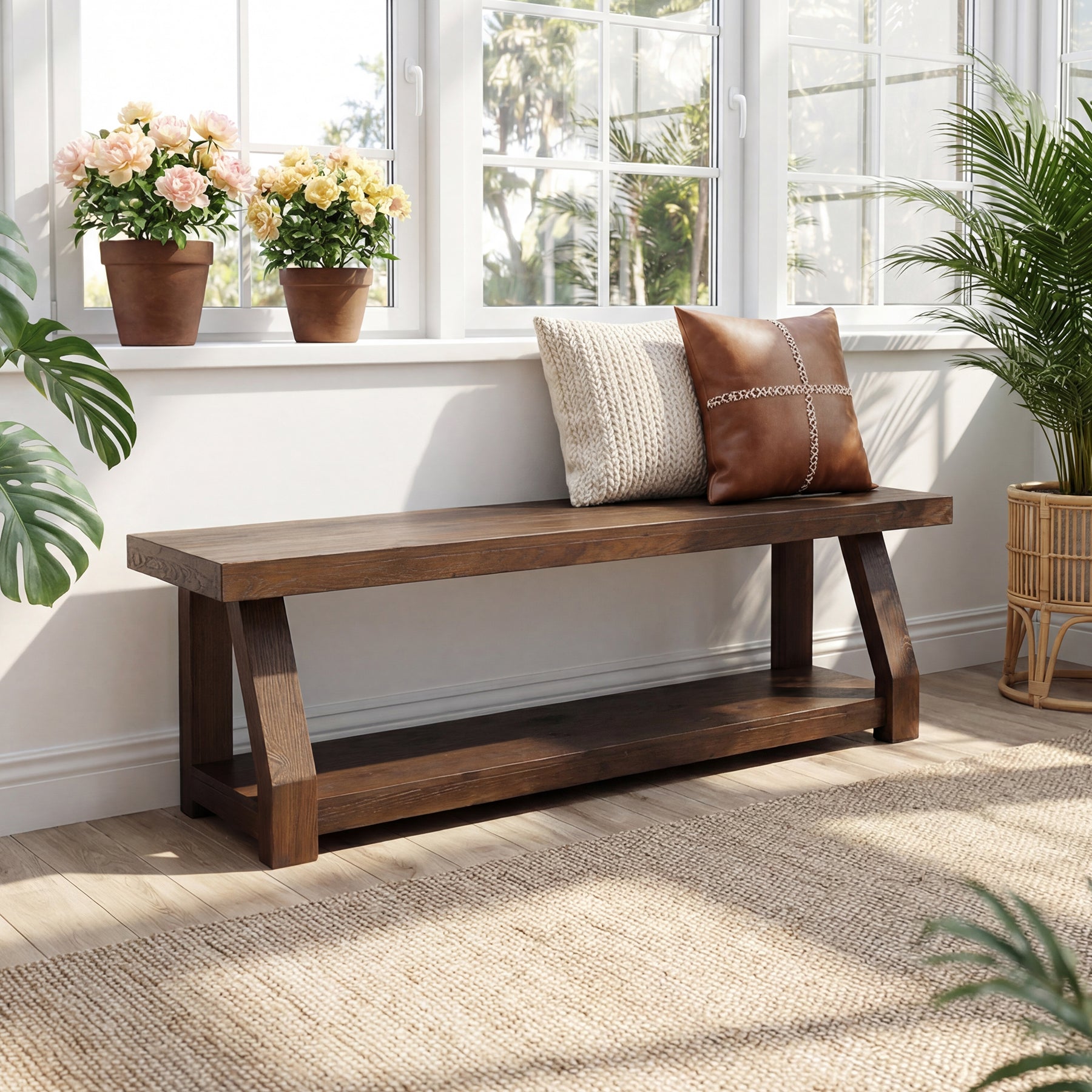 63" Solid Wood Entryway Bench with Shoe Storage, 2-Tier Rustic Shoe Bench for Hallway, Living Room & Bedroom