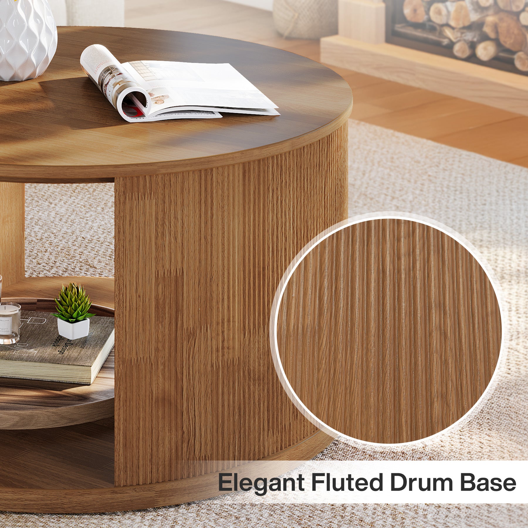 Round Coffee Table, 31.5" Center Table with Fluted Drum Base and Alcove Storage