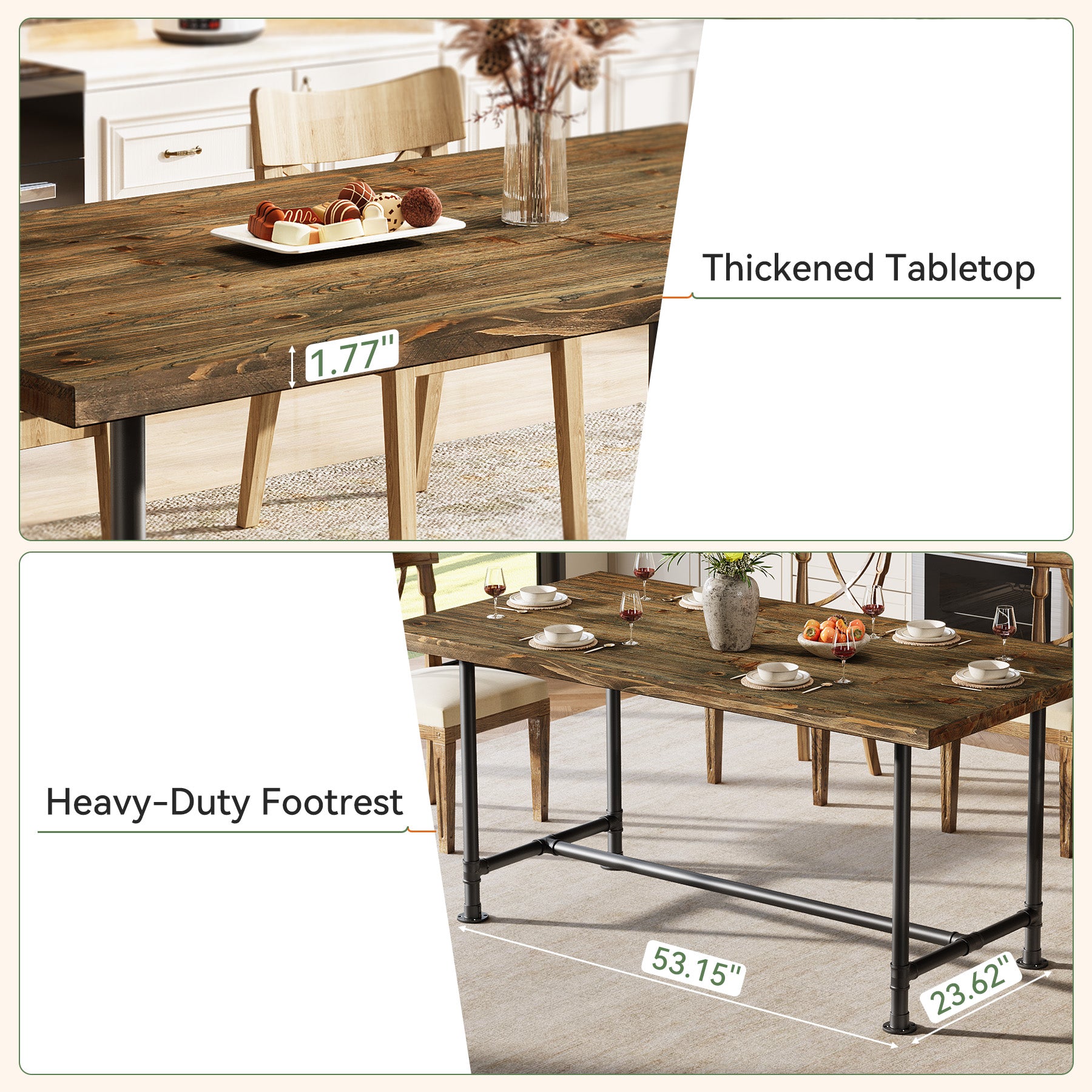 63" Solid Wood Dining Table for 4-6, Industrial Kitchen Table with Metal Footrest