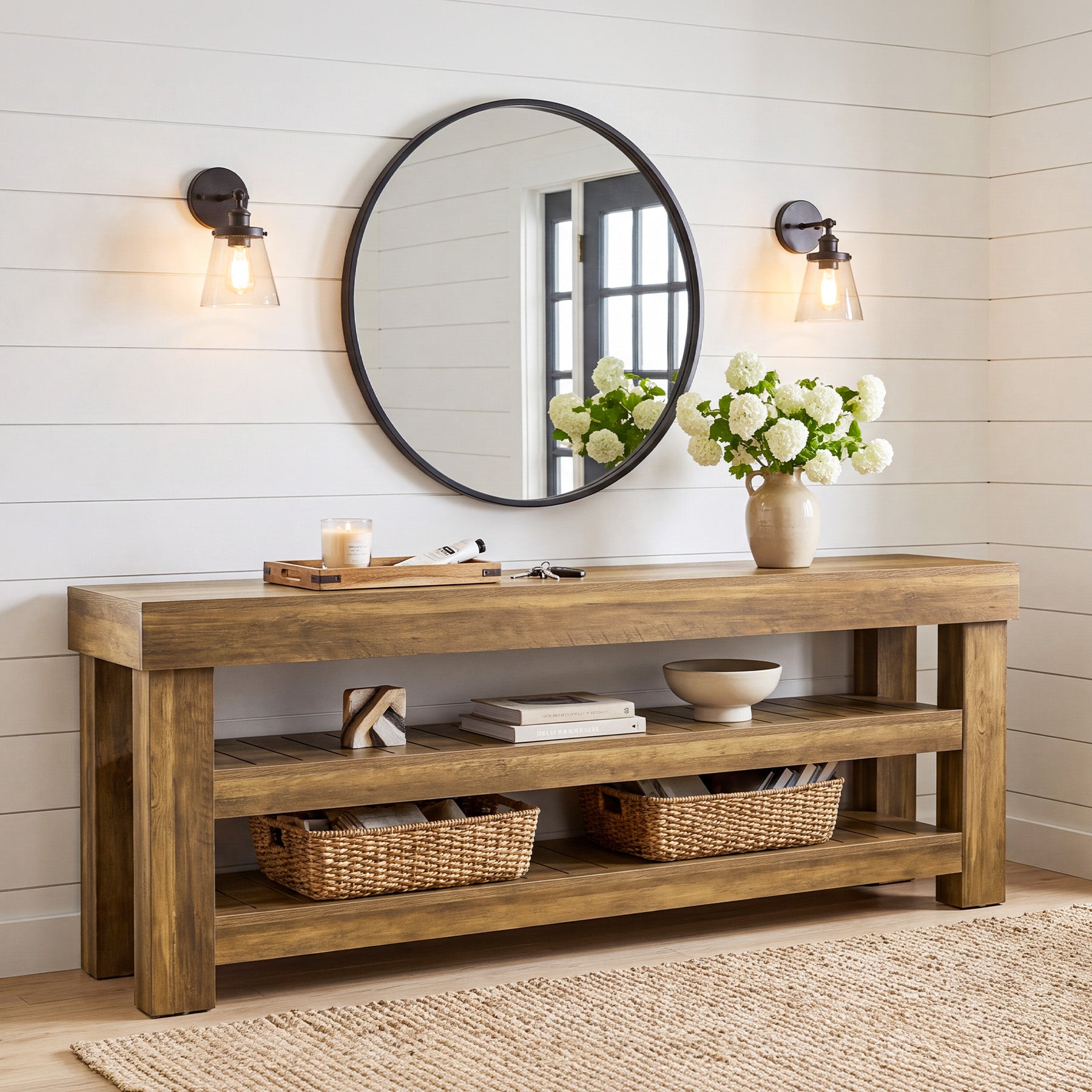 71" Extra Long Console Table with 2 Shelves, Narrow Rustic Farmhouse Sofa Table, Entryway