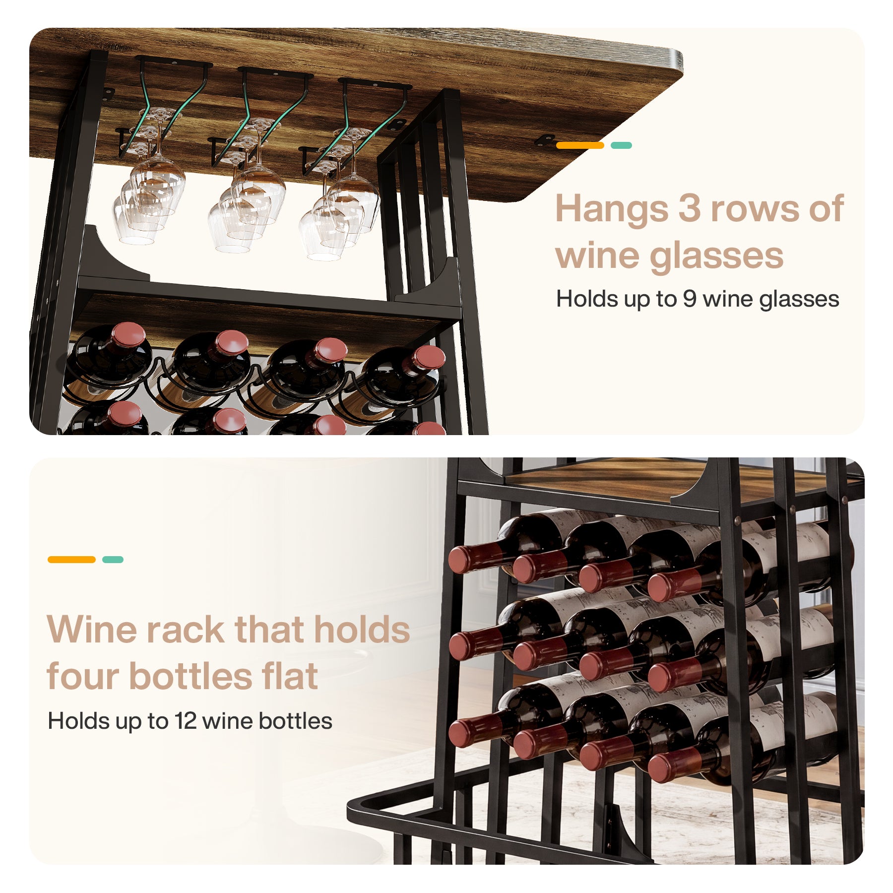 39.4" Bar Table with Storage, 3-Tier Counter Height Pub Table with Glass Holder & Wine Rack