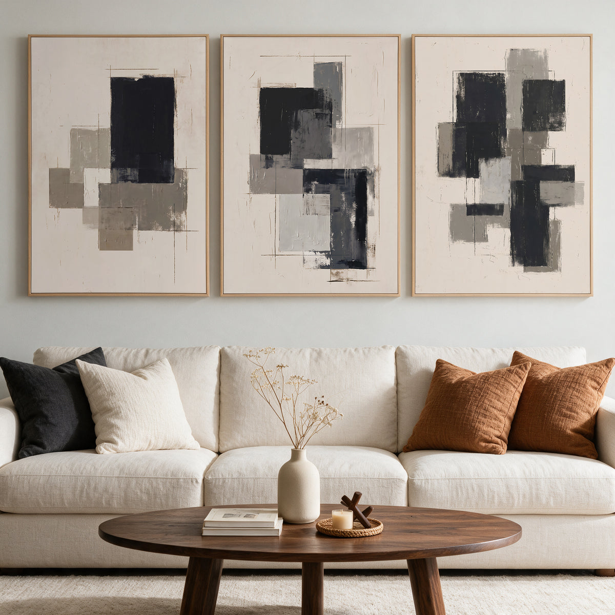 3-Piece 24x36" Modern Abstract Wall Art, Black Beige Framed Canvas Prints
