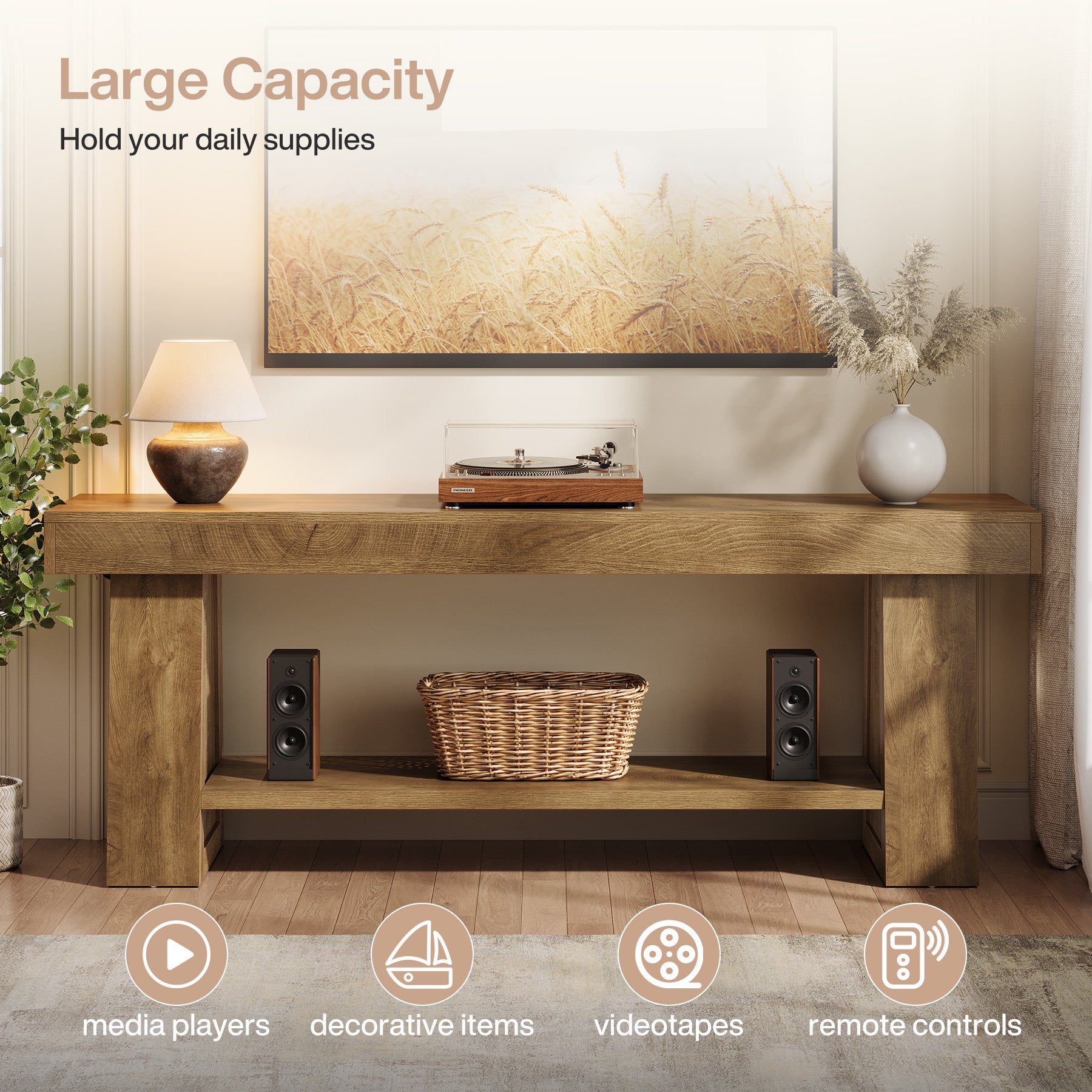 63" TV Stand for TVs up to 75", Entertainment Center with Open Storage Shelves