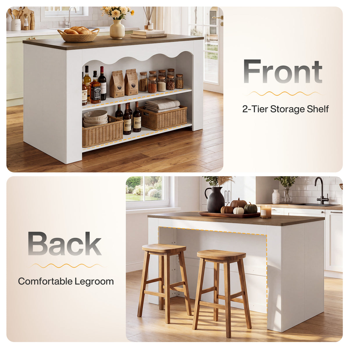 59" Modern Kitchen Island with Storage & Seating Space, 3-Tier Stationary Island Table