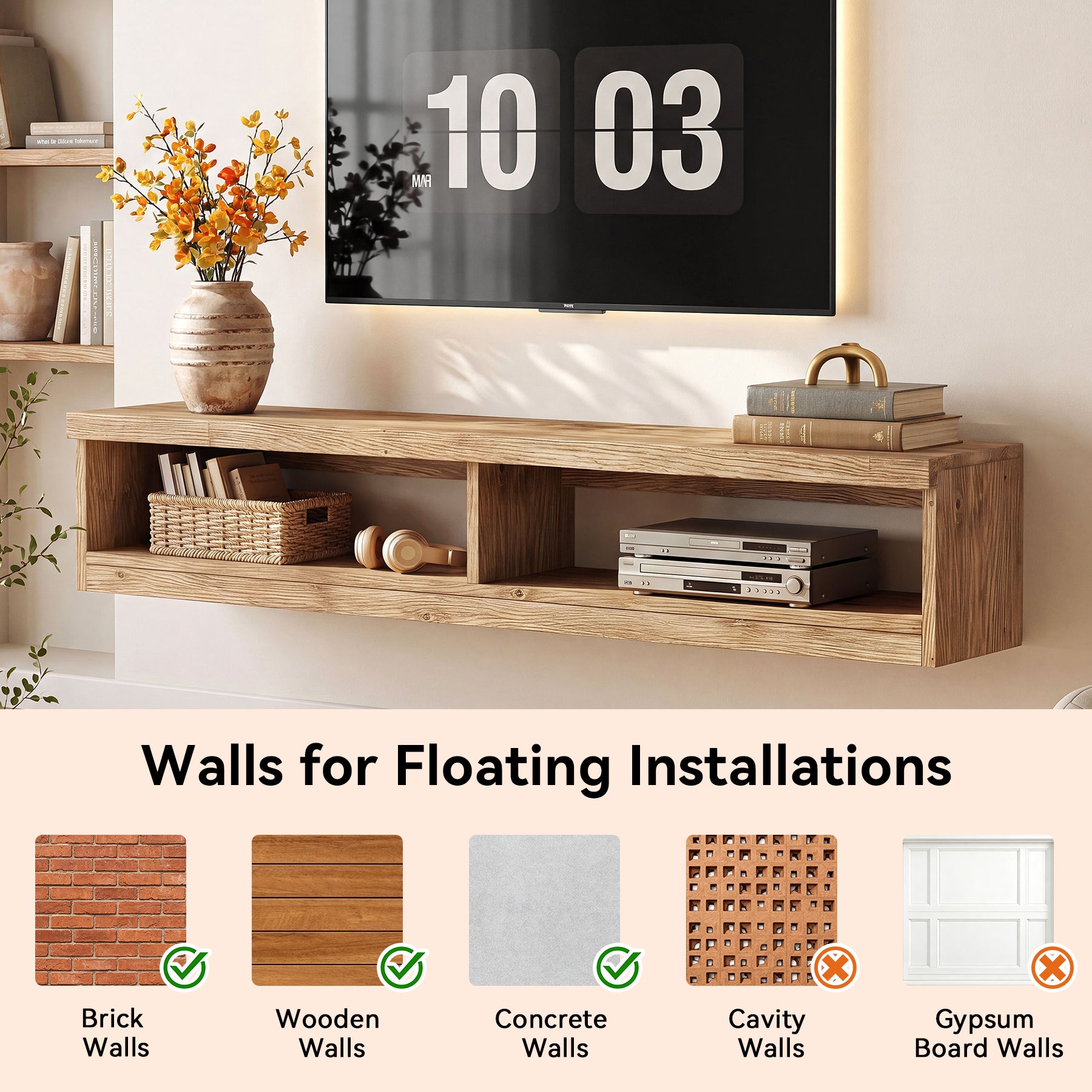 Tribesigns 55-Inch Floating TV Stand, Wall Mounted Solid Wood Media Console for Living Room and Bedroom