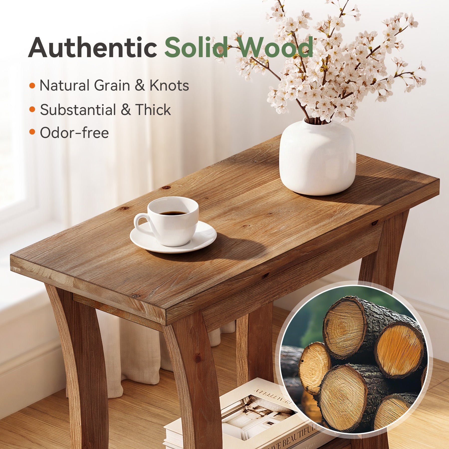 Tribesigns 23.6-Inch Solid Wood Side Table with Lower Shelf, Farmhouse End Table for Living Room