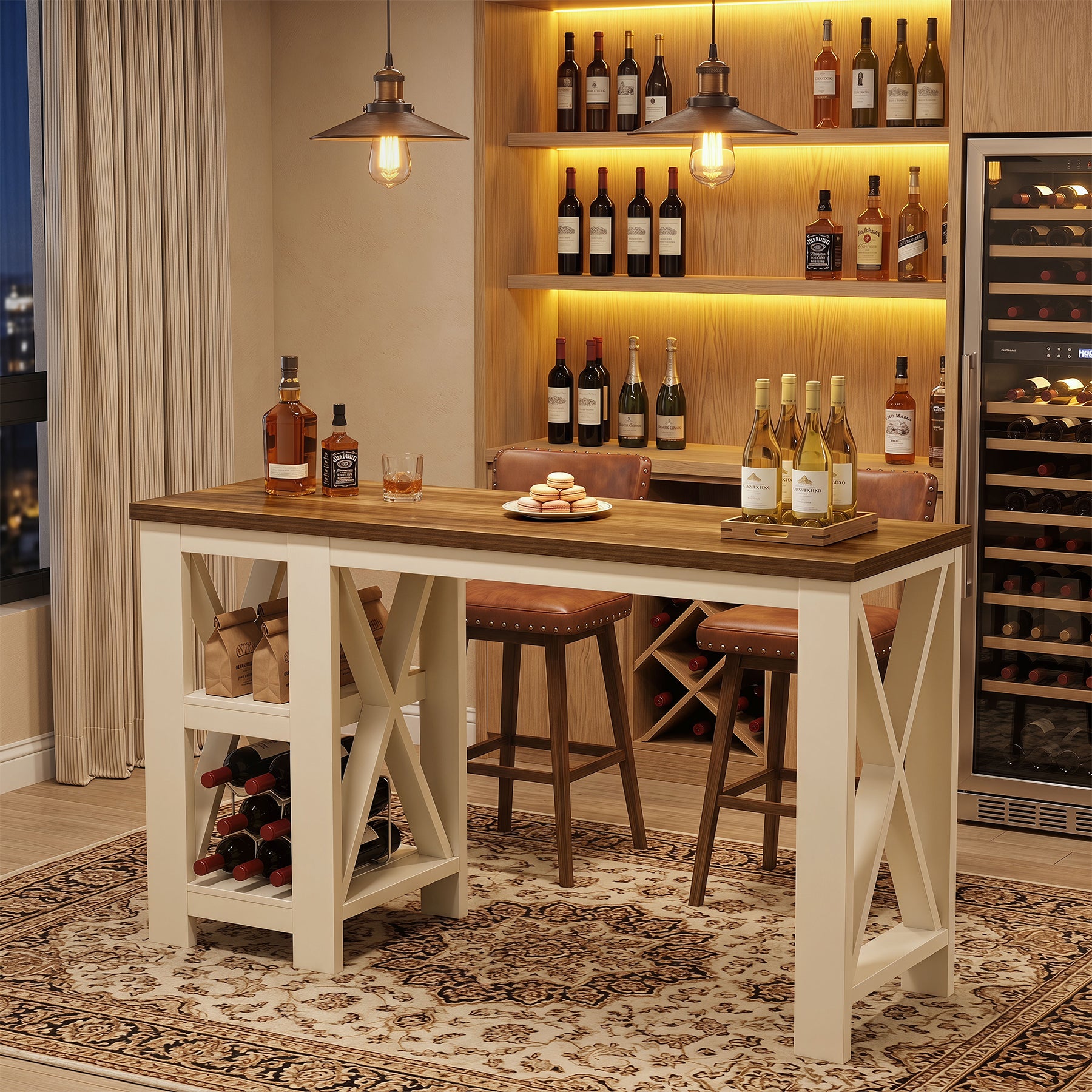 62.2" Bar Table with Storage Shelves, Farmhouse Counter Height Pub Table for Kitchen